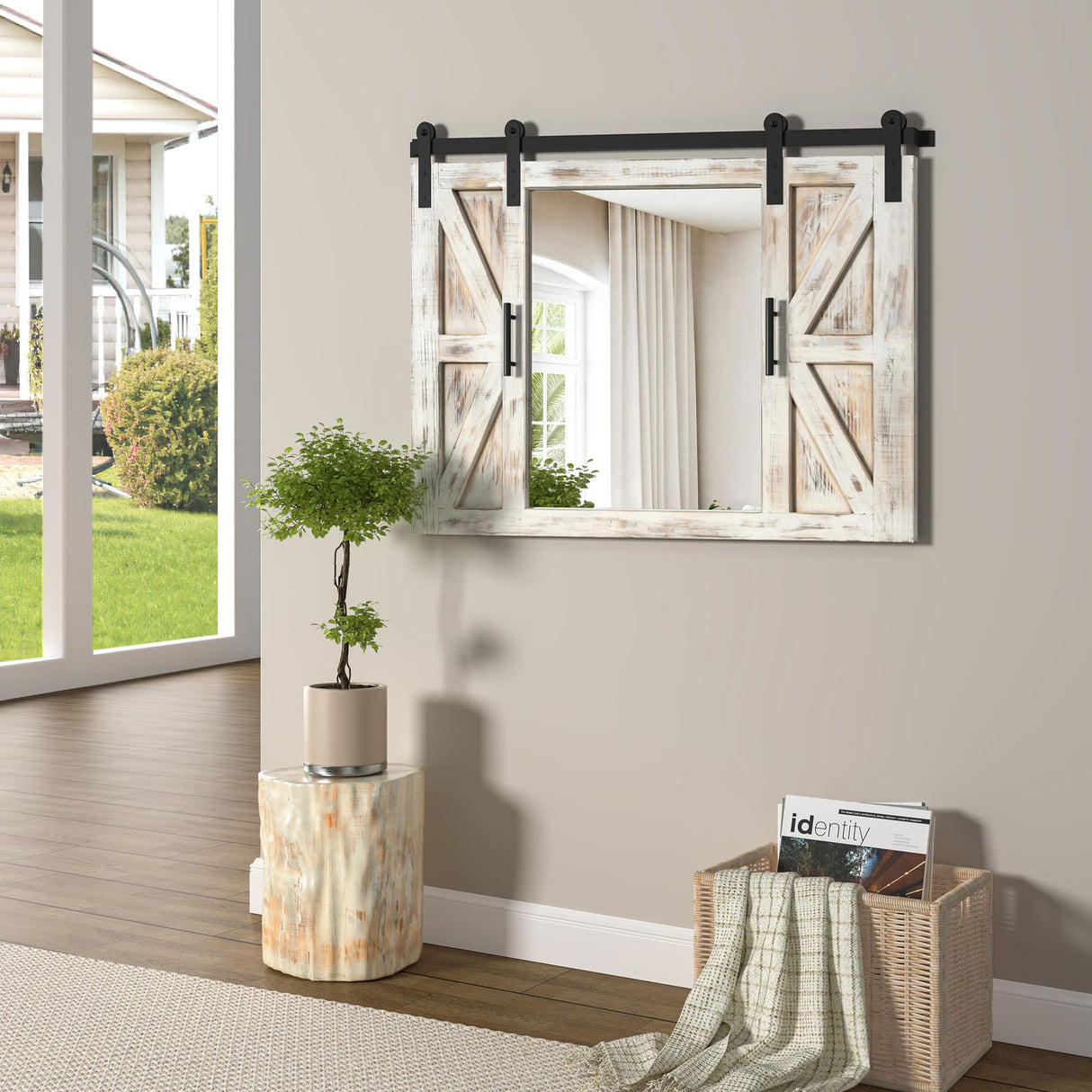 COGOOD Farmhouse Barn Door Mirror - 37" x 26" Rustic Wood Framed Mirror Wall Decor for Dining Room, Bathroom, Living Room, Bedroom Decorative, Rustic White COGOOD