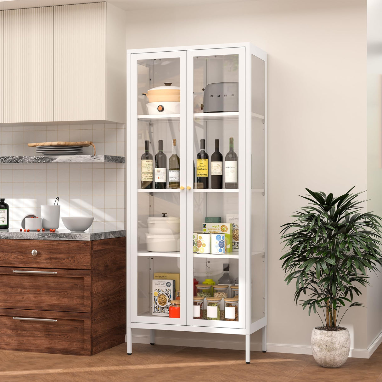 Polup Glass Display Cabinet with Doors and Shelves, White Curio Cabinet with 3 Side Tempered Glass, 66 Inch Tall Display Case for Collectibles, Metal Storage Cabinet for Living Room, Assemble Required Polup