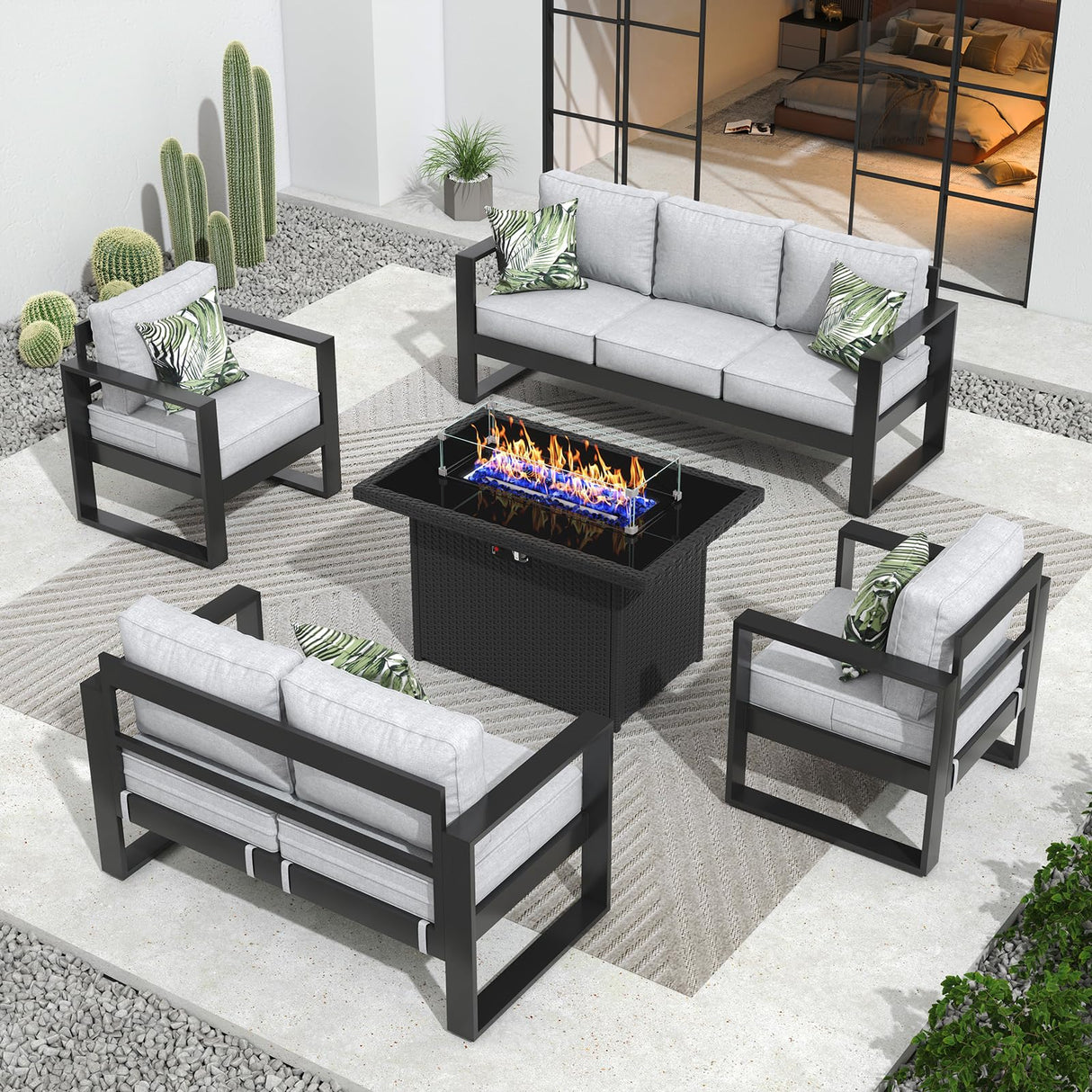 Vakollia Outdoor Aluminum Furniture Set with Fire Pit Table - 5 Pieces Modern Patio Conversation Sets Metal Sectional Sofa Set Vakollia