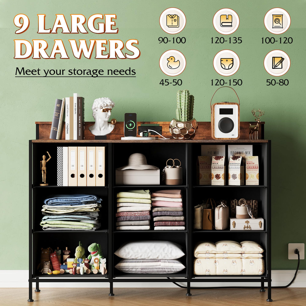 WLIVE Dresser TV Stand for 50, 55 inch, Led Chest of Drawers for Bedroom, Rustic Brown Dresser for Bedroom with LED Lights and Charging Station, 9 Fabric Drawers, Wood Top, Living Room, Closet WLIVE