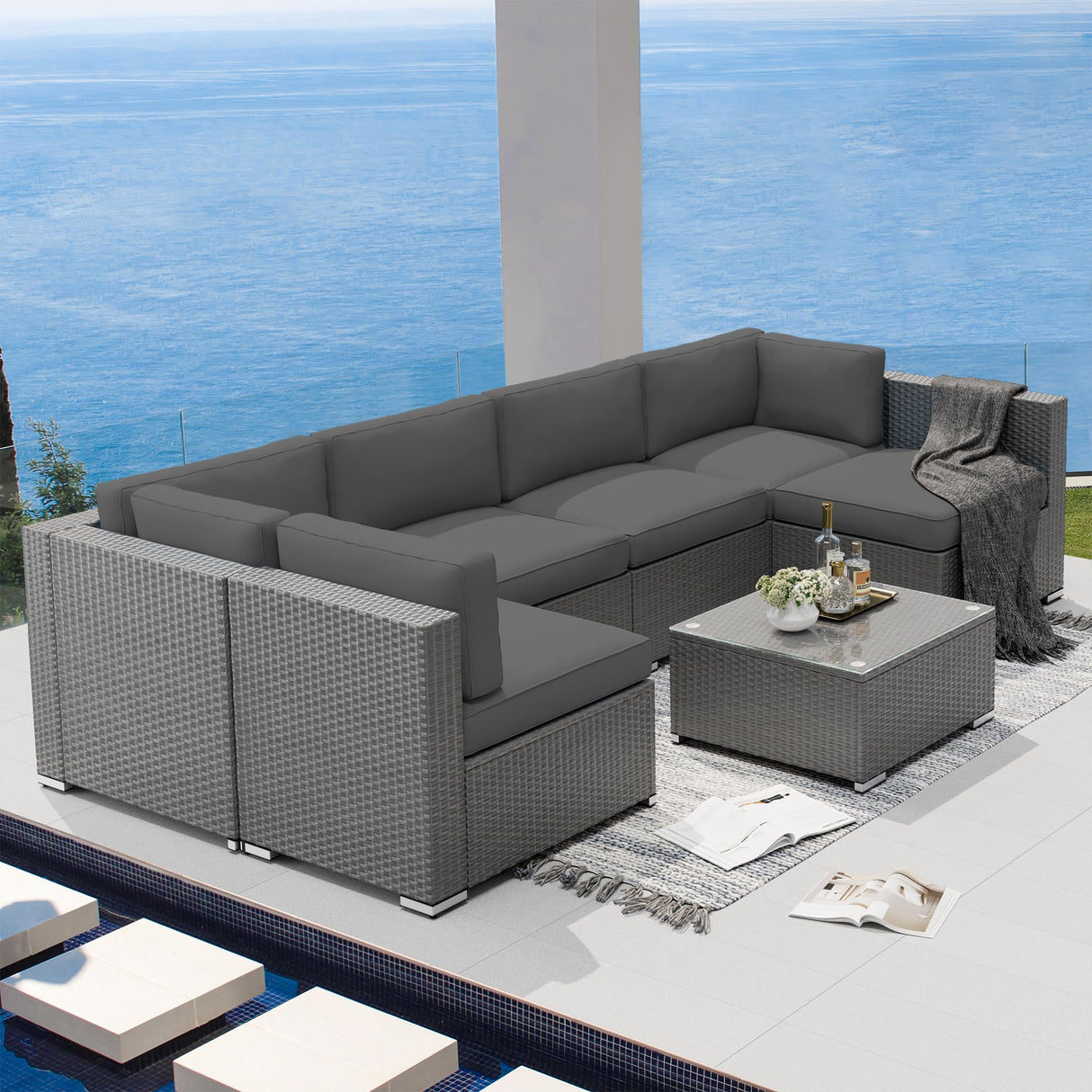 SUNCROWN Outdoor Patio Furniture Set 7 Piece Outdoor Sectional Sofa Grey Wicker Conversation Sofa Set with Coffee Table and Cushions,Dark Grey SUNCROWN