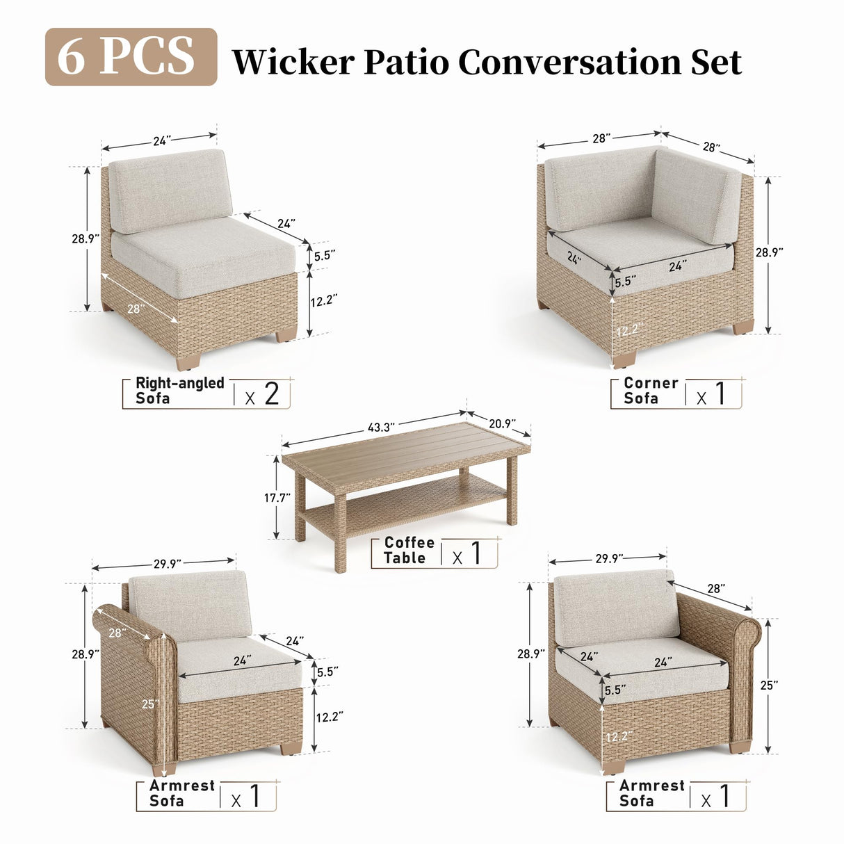 Patio Furniture Set 6 Piece, Wicker Rattan Sectional Sofa Couch with 5.5" Thick Waterproof Cushion and Coffee Table, L Shape All Weather Outdoor Conversation Set for Lawn Backyard Deck, Beige SUNSHINE VALLEY