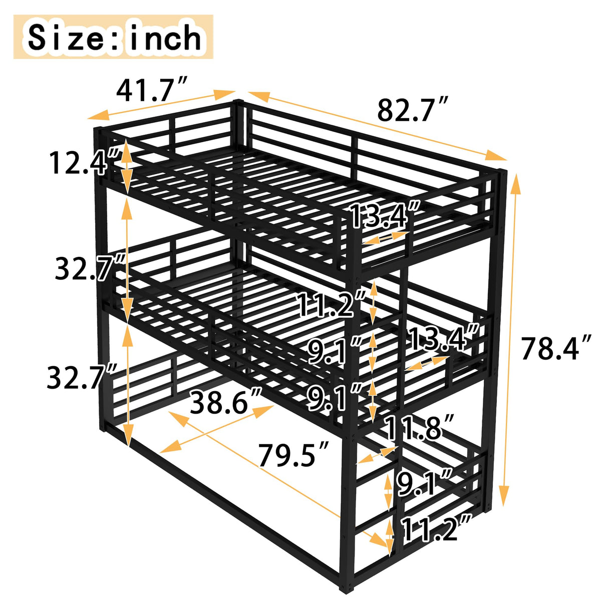Bellemave Triple Bunk Bed Twin XL Size, Heavy Duty 3 Bunk Beds with Safety Guardrails and Noise-Reduced Design, Metal Triple Bed for 3 Kids, Teens, Adults, No Box Spring Needed Black Bellemave