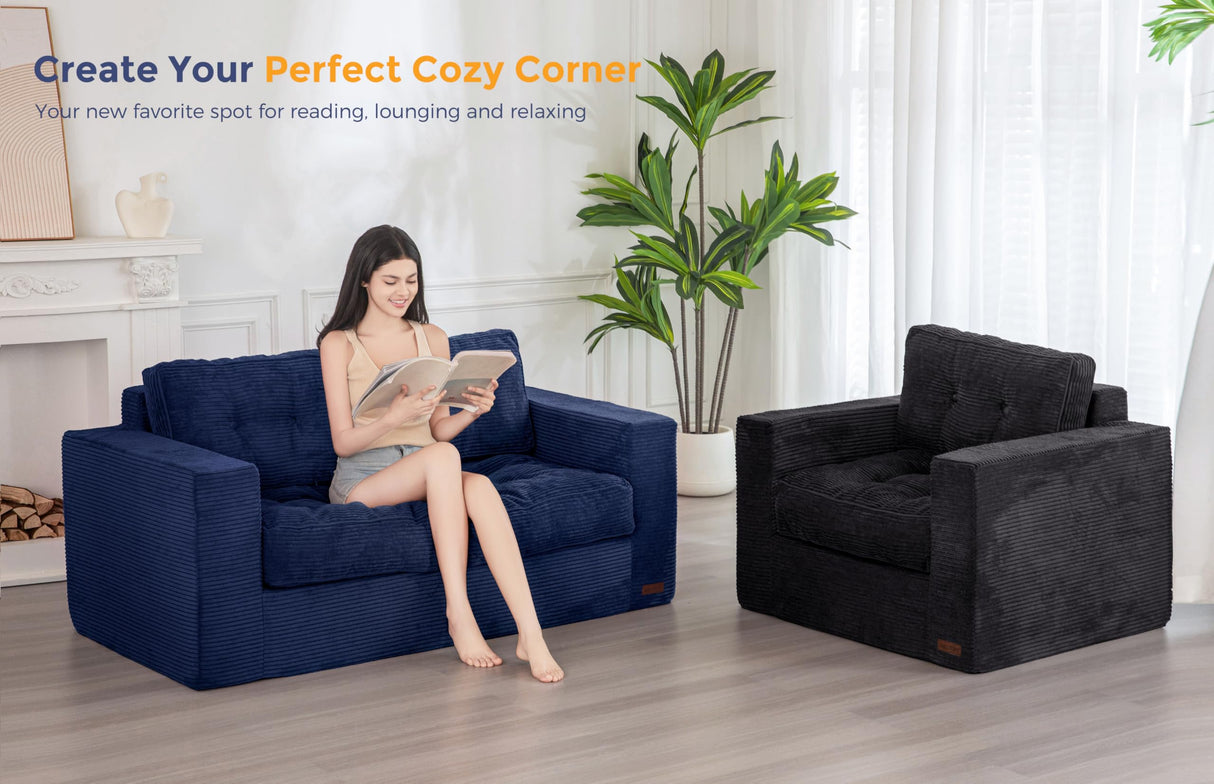 MAXYOYO Bean Bag Chair for Adults, Upholstered Floor Sofa with Armrests, Loveseat Boneless Couch with Tufted Cushion & Backrest, Sofa in A Box, Large Bean Bag Couch for Bedroom Living Room, Navy MAXYOYO