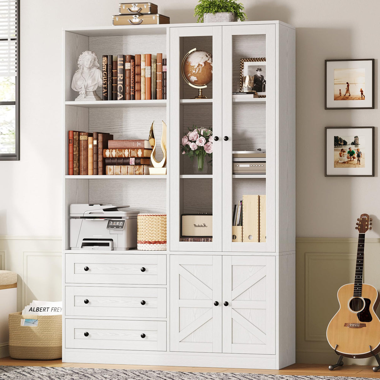 IRONCK Bookshelf with Drawers, 70.63 inch Tall Bookcase with Farmhouse Doors, 6 Tiers Book Shelf with Acrylic Doors, Bookshelves and Bookcases for Home Office, Living Room, Bedroom, White IRONCK