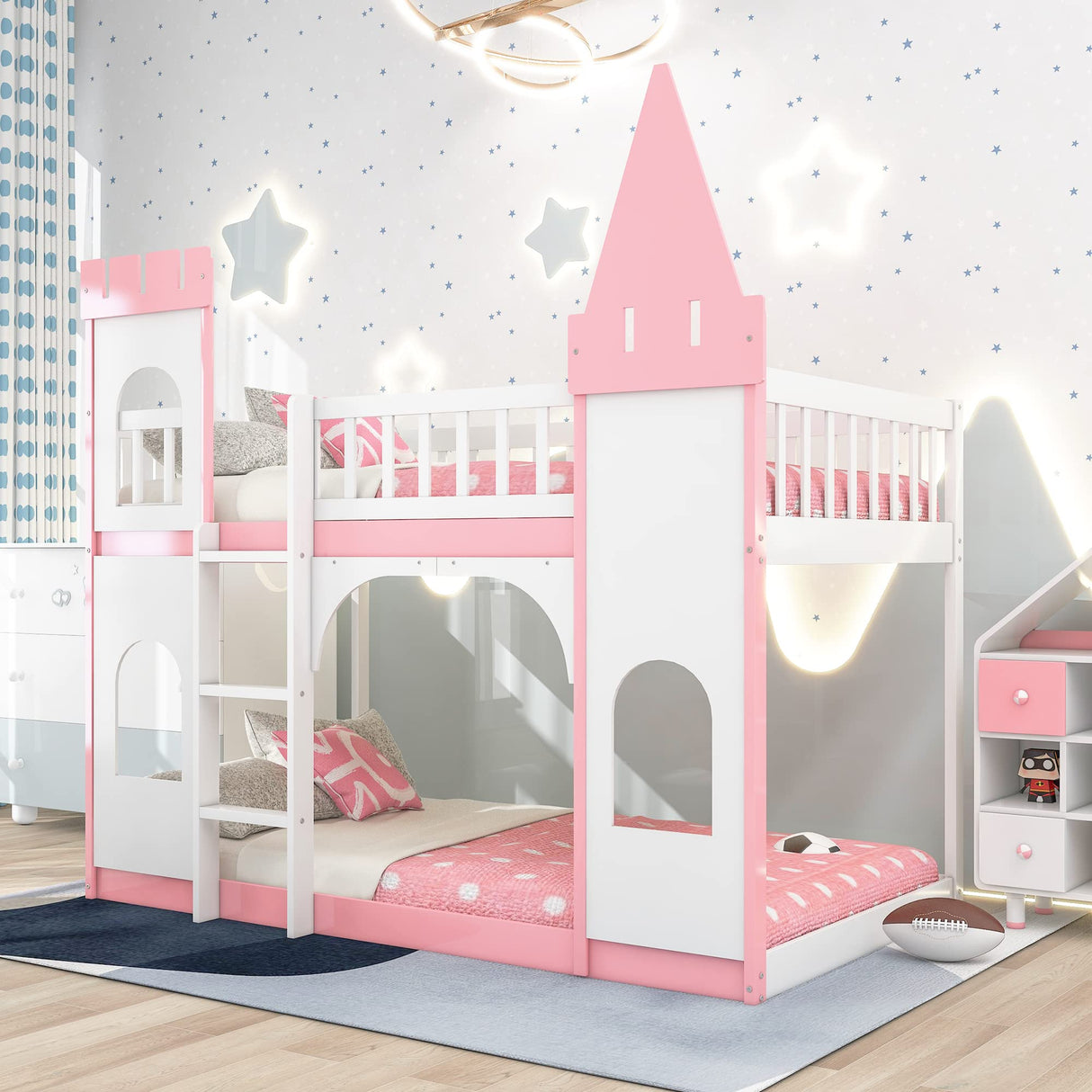Merax Twin Size Loft Bed Low Bunk Bed, Castle Shaped Wood Bed Frames with Safety Guardrails for Boys or Girls, Pink Merax