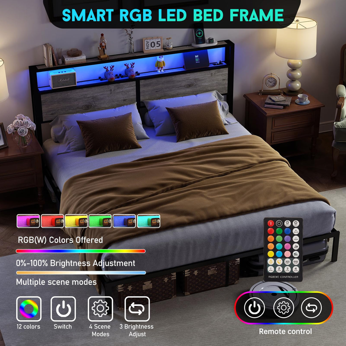 King Size Bed Frame with Headboard, Metal Platform Bed Frame with LED Lights & Charging Station, Under Bed Storage, Solid and Stable, No Box Spring Needed, Noise Free, Easy Assembly, Rustic Grey RVONOW