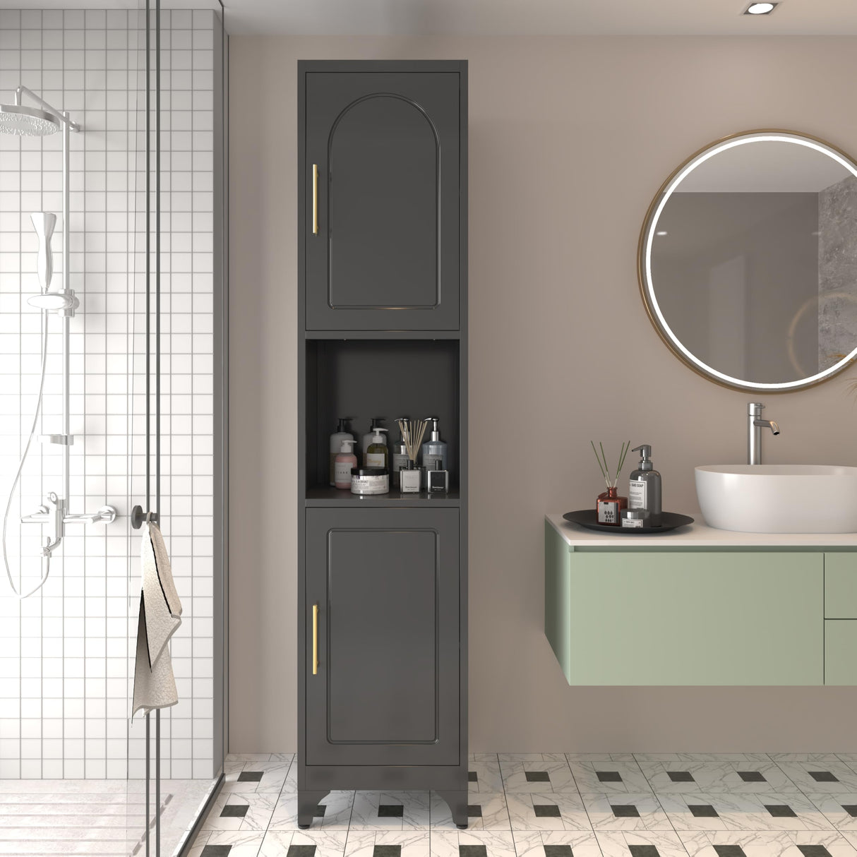 Polup Slim Bathroom Storage Cabinet, 75" Tall Freestanding Narrow Cabinets for Small Spaces, Skinny Metal Storage Cabinet with Doors and Shelves for Living Room, Kitchen, Black - Assembly Required Polup