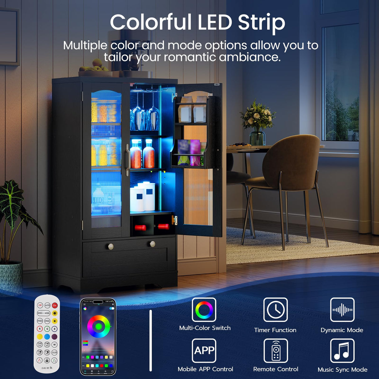 HOOBRO Kitchen Pantry Cabinet, Pantry Cabinet with Cup Holders and Wine Rack, Pantry Storage Cabinet with Charging Station and LED Lights, Pantry with Drawers for Dining Room, Black and Gold HOOBRO