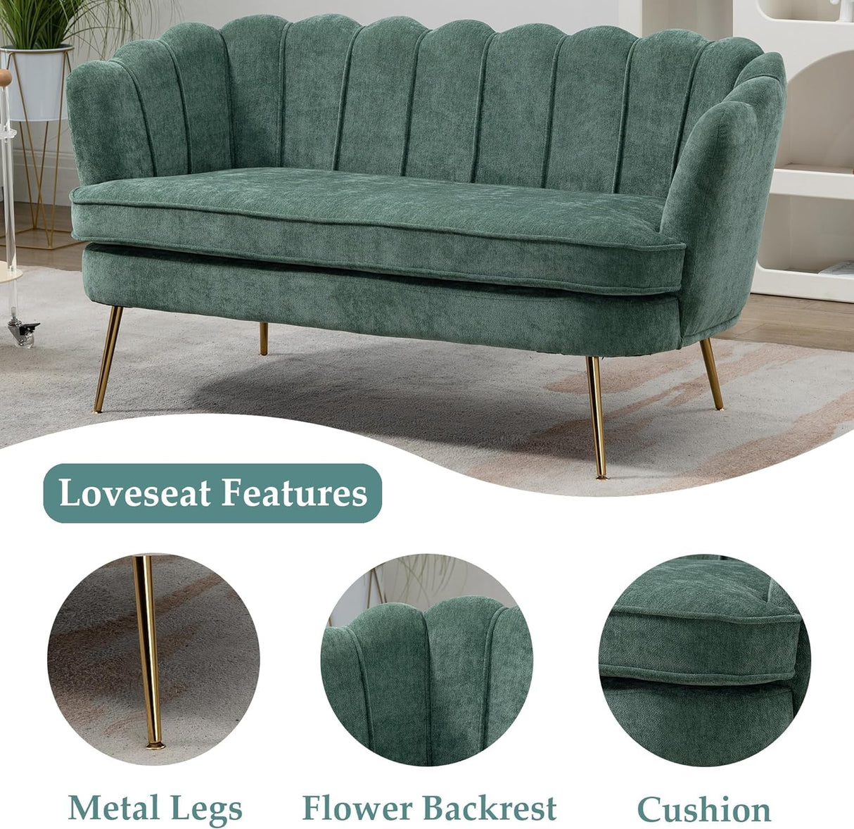 anwickjeff 59" Wide Modern Boucle Loveseat Small Sofa Small Mini Room Couch 2-Seater Sofa with Gold Metal Legs for Space Office Studio Apartment Bedroom (Green) anwickjeff