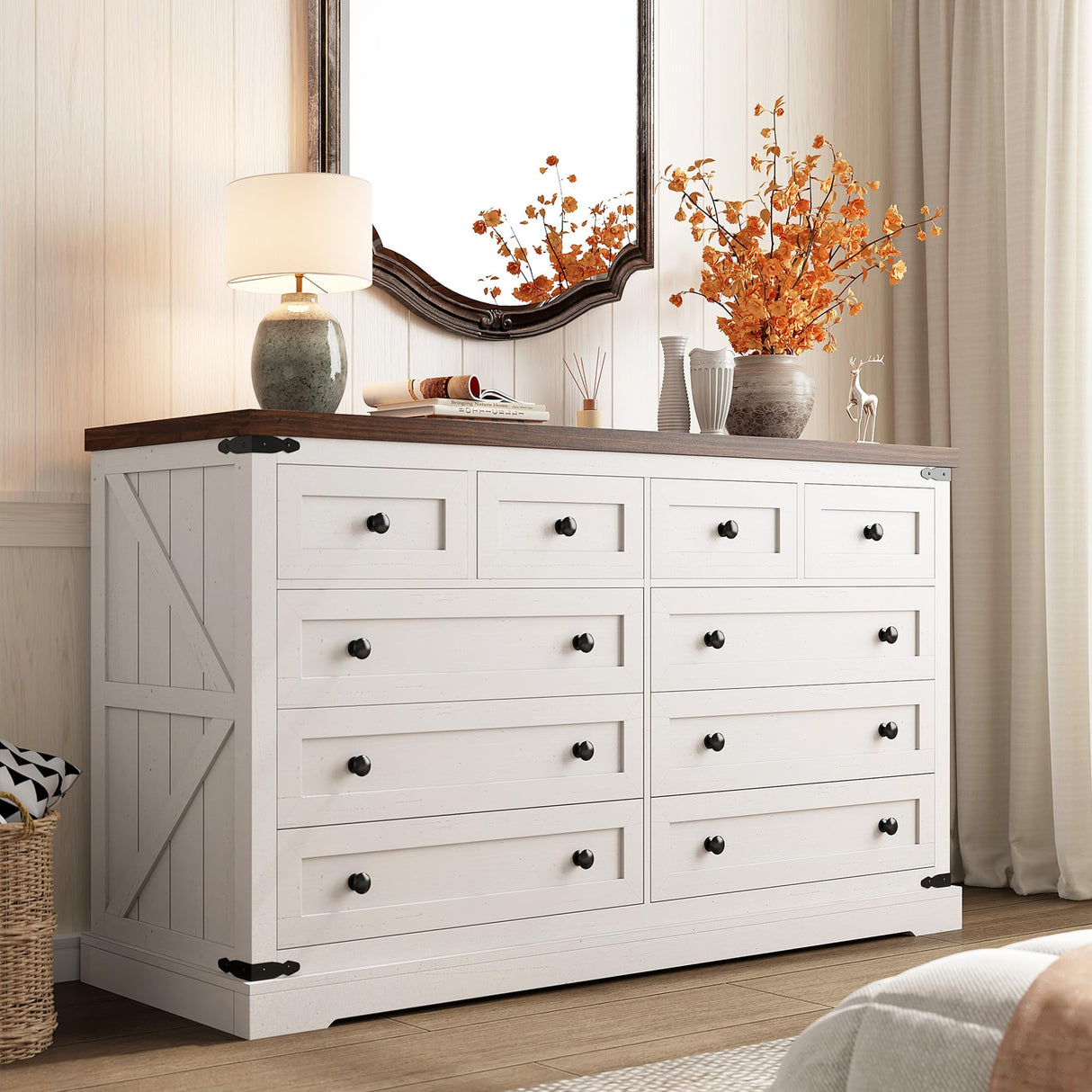 EnHomee 10 Drawer Dresser for Bedroom, 55" Wide Wood Dressers & Chest of Drawers Vintage Design TV Stand for Bedroom, Hallway, Antique White EnHomee