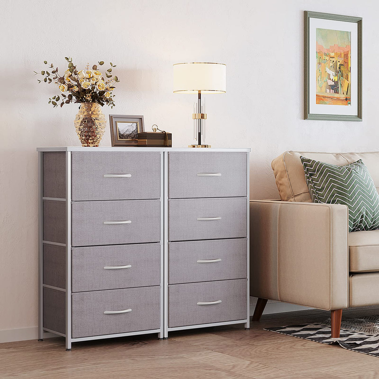 ODK Dresser for Bedroom with 4 Storage Drawers, Small Dresser Chest of Fabric Drawers with Sturdy Steel Frame, Wood Top, Light Grey ODK
