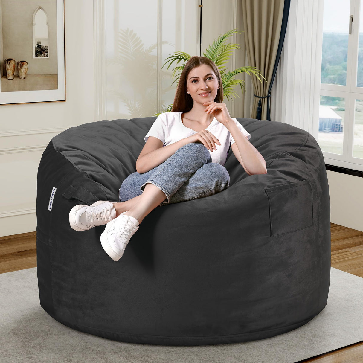 HABUTWAY Bean Bag Chair 3Ft Luxurious Velvet Ultra Soft Fur with High Rebound Memory Foam Bean Bag Chairs for Adults Plush Lazy Sofa with Fluffy Removable Sponge 3' (Grey) HABUTWAY