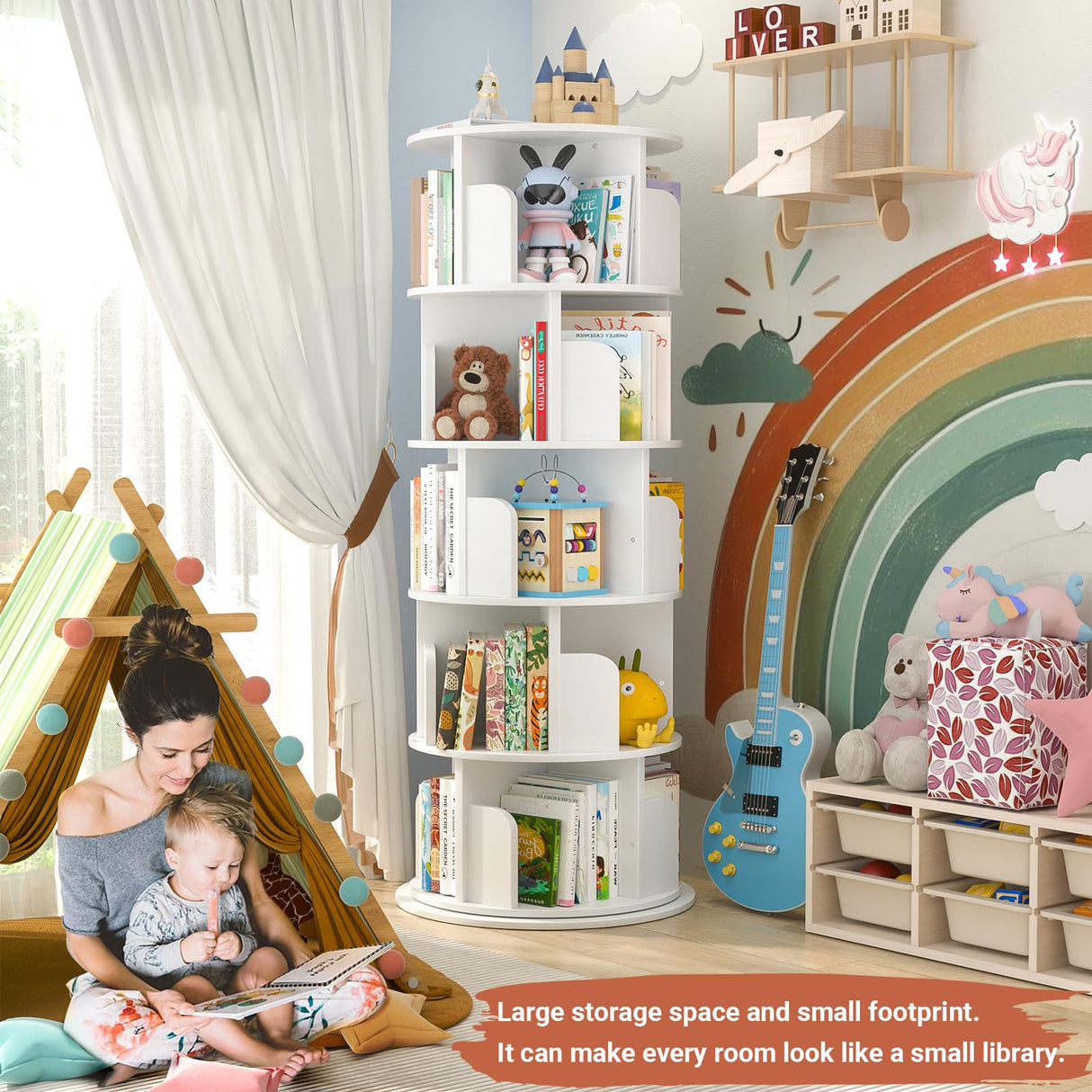 Besiost Rotating Bookshelf Tower, 5 Tier Spinning Bookcase, Revolving 360 Book Shelf Narrow Tall Bookcase, Vertical Turning Round Bookshelf Organizer, Wood Corner Book Shelf for Small Space, White Besiost
