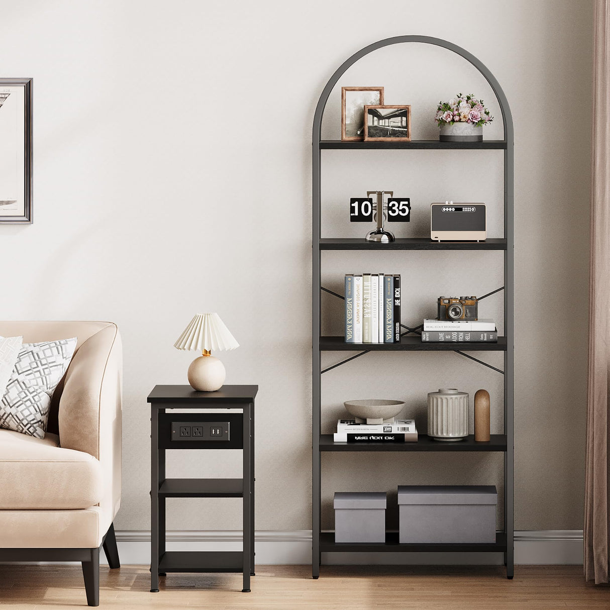 5-Tier IDEALHOUSE Arched Black Bookshelf with Metal Frame - Tall Open Storage Rack for Home or Office IDEALHOUSE