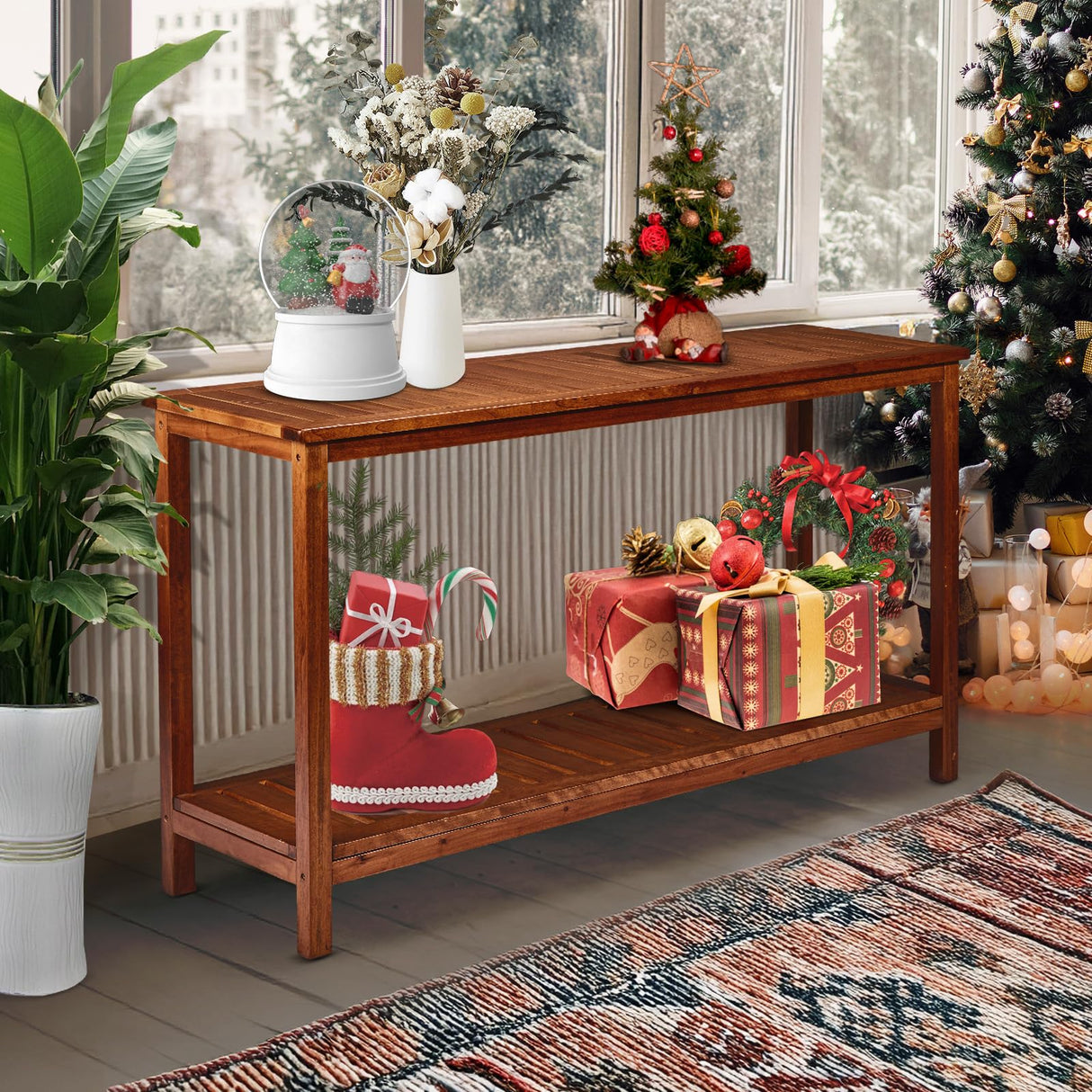 VINGLI 49in Solid Wood Outdoor Console Table, 2-Shelf Wooden Outdoor Accent Plant Table Multifunctional Buffet Bar Storage Organizer for Indoor Patio Porch and Entryway (Natural) VINGLI