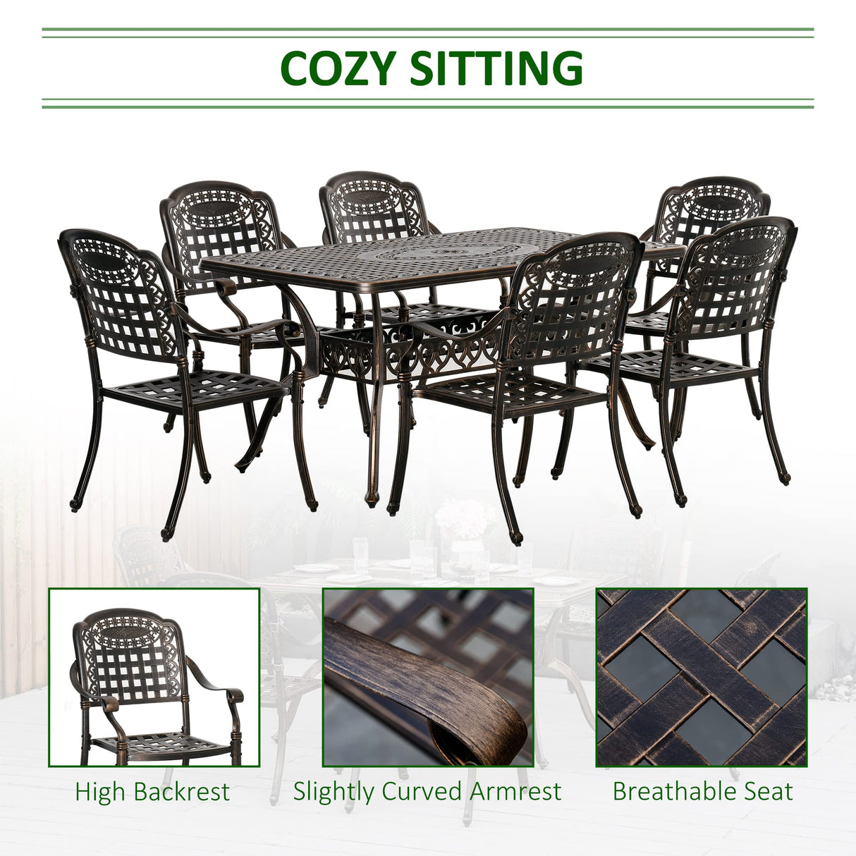 Outsunny 7-Piece Patio Dining Set, Cast Aluminum Outdoor Furniture Set with 6 Armchairs, 1 Table and Umbrella Hole, Bronze Outsunny