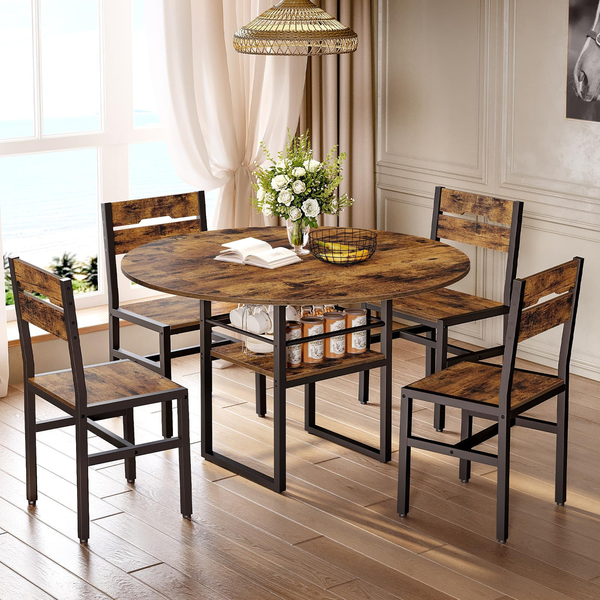 RALGEND Round Dining Table Set for 4, Circle Kitchen Table and 4 Chairs, 5 Piece Dining Table Set, with Wooden Tabletop and Widen Seat, Space Saving, for Dining Room, Rustic Brown and Black RALGEND
