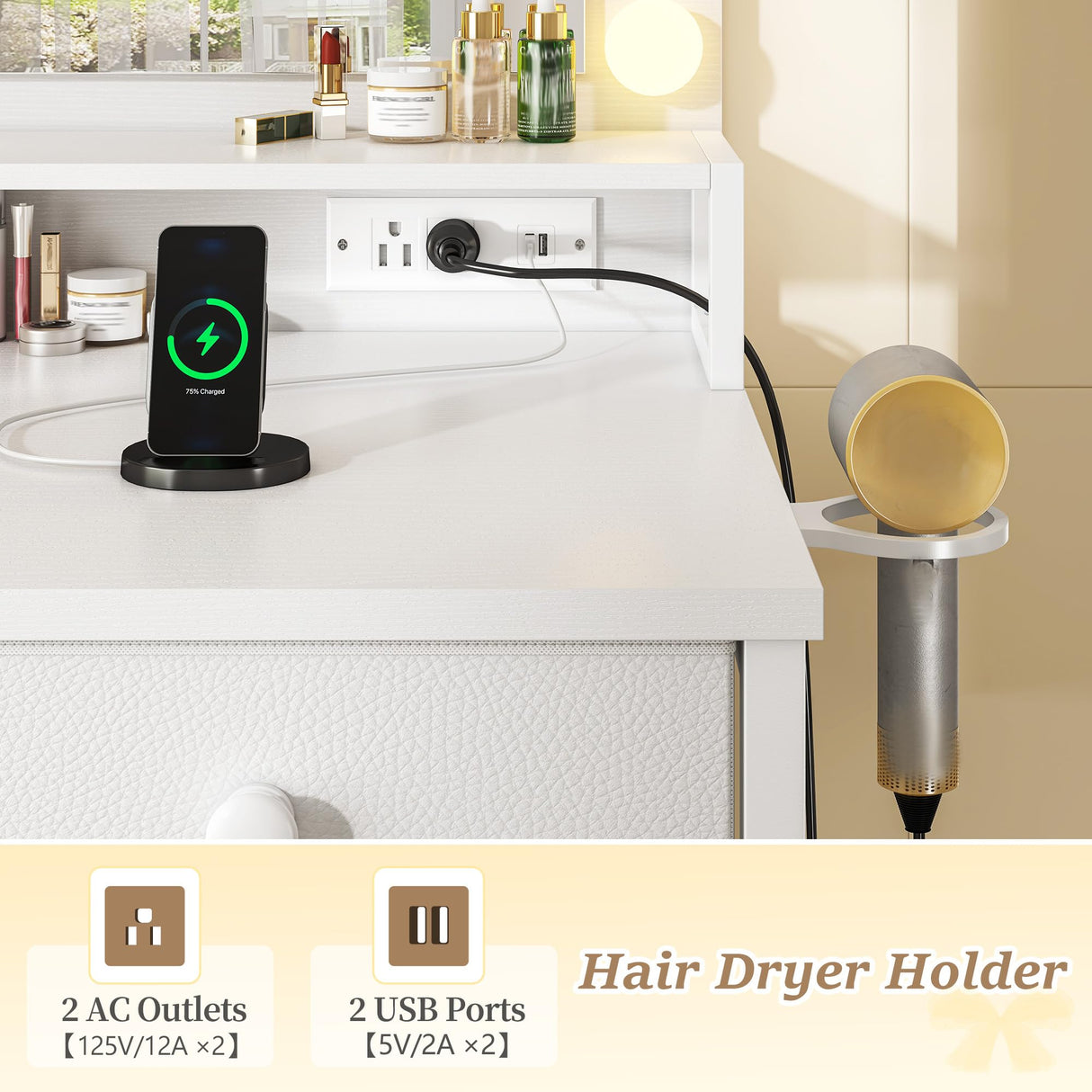 EnHomee White Vanity Desk with Mirror and Lights, Vanity Desk with 5 Fabric Drawers & Power Outlet, 3 Lighting Modes Adjustable Brightness, Bedroom Dressing Table, White EnHomee