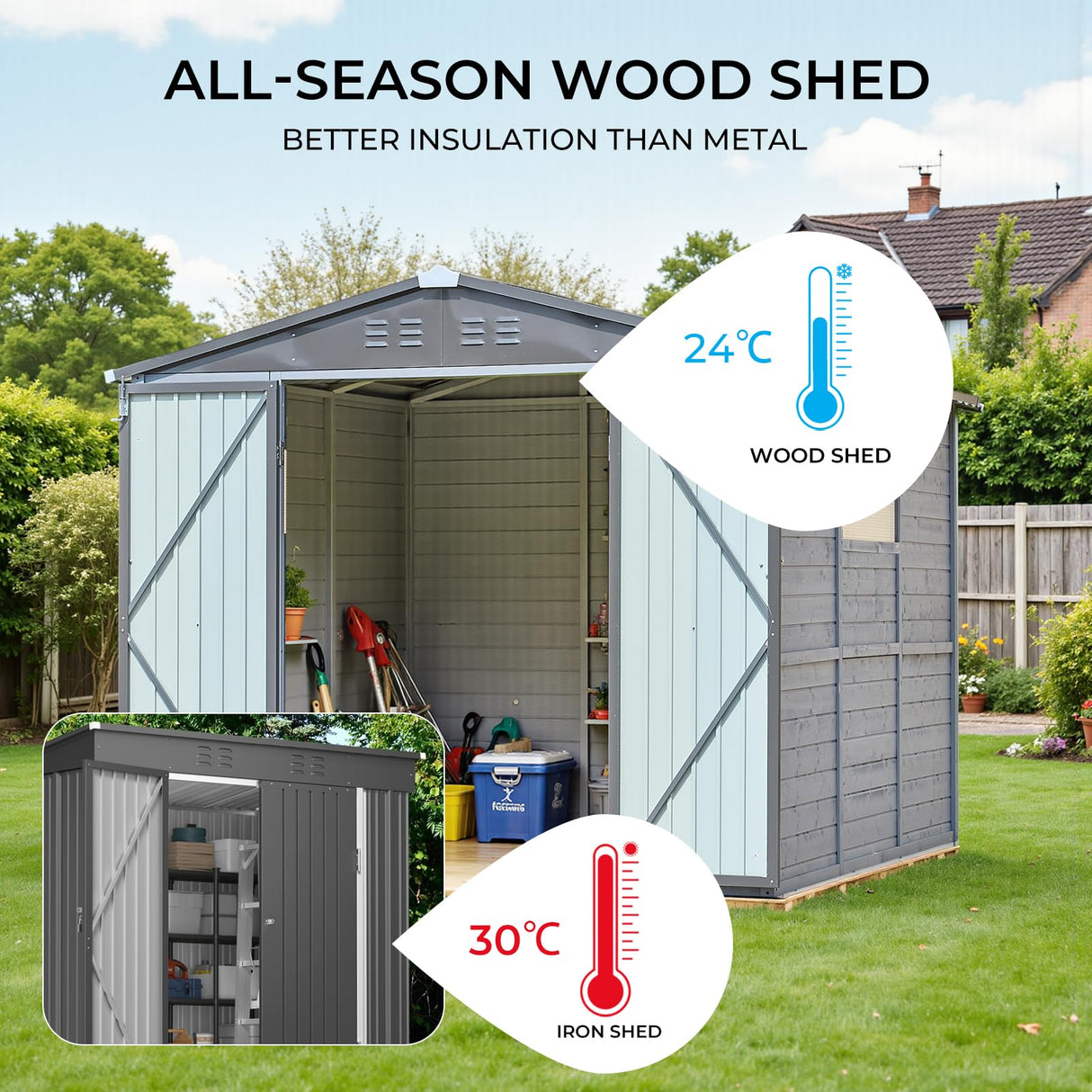 MyVoice 8x8 FT Wooden Outdoor Storage Shed with 4 Vents & 2 Adjustable Windows, DIY Cedar Tool Shed Kit, Garden Bike Firewood Storage, Waterproof Backyard Outdoor Shed for Patio, Lawn, Yard & Garage MyVoice
