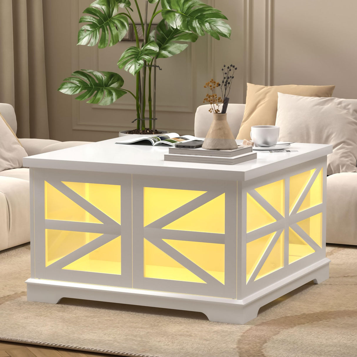 Farmhouse LED Coffee Table for Living Room, Modern Square Coffee Table with Storage, White Coffee Table Decor, Small Wood Coffee Table, Unique Coffee Cabinet for Office, Reception Room yesasin