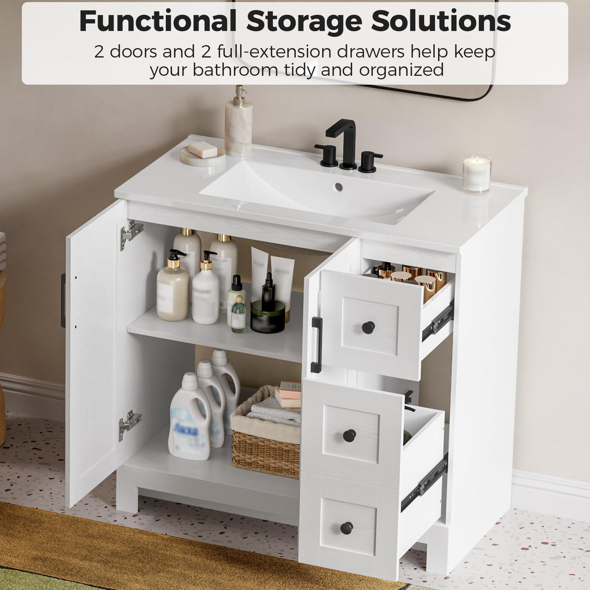 IRONCK 36" Bathroom Vanity with Sink, Freestanding Modern Bathroom Vanity Cabinet with 2 Soft-Close Doors & 2 Storage Drawers, Undermount Rectangular Ceramic Sink, Assembly Required, White IRONCK