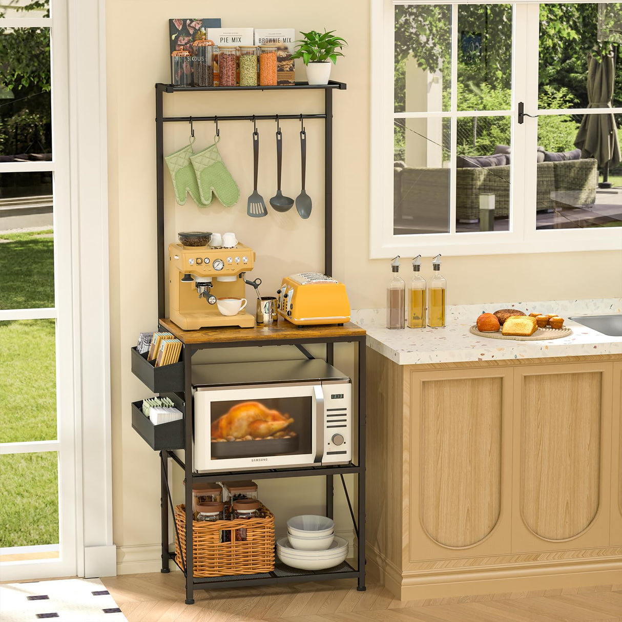 Honkazita Farmhouse Coffee Bar Cabinet 23 Inch Width with Coffee Storage Case,Coffee Station Bar Cabinet with 5 Hooks for Kitchen, Dining,Living Room Honkazita