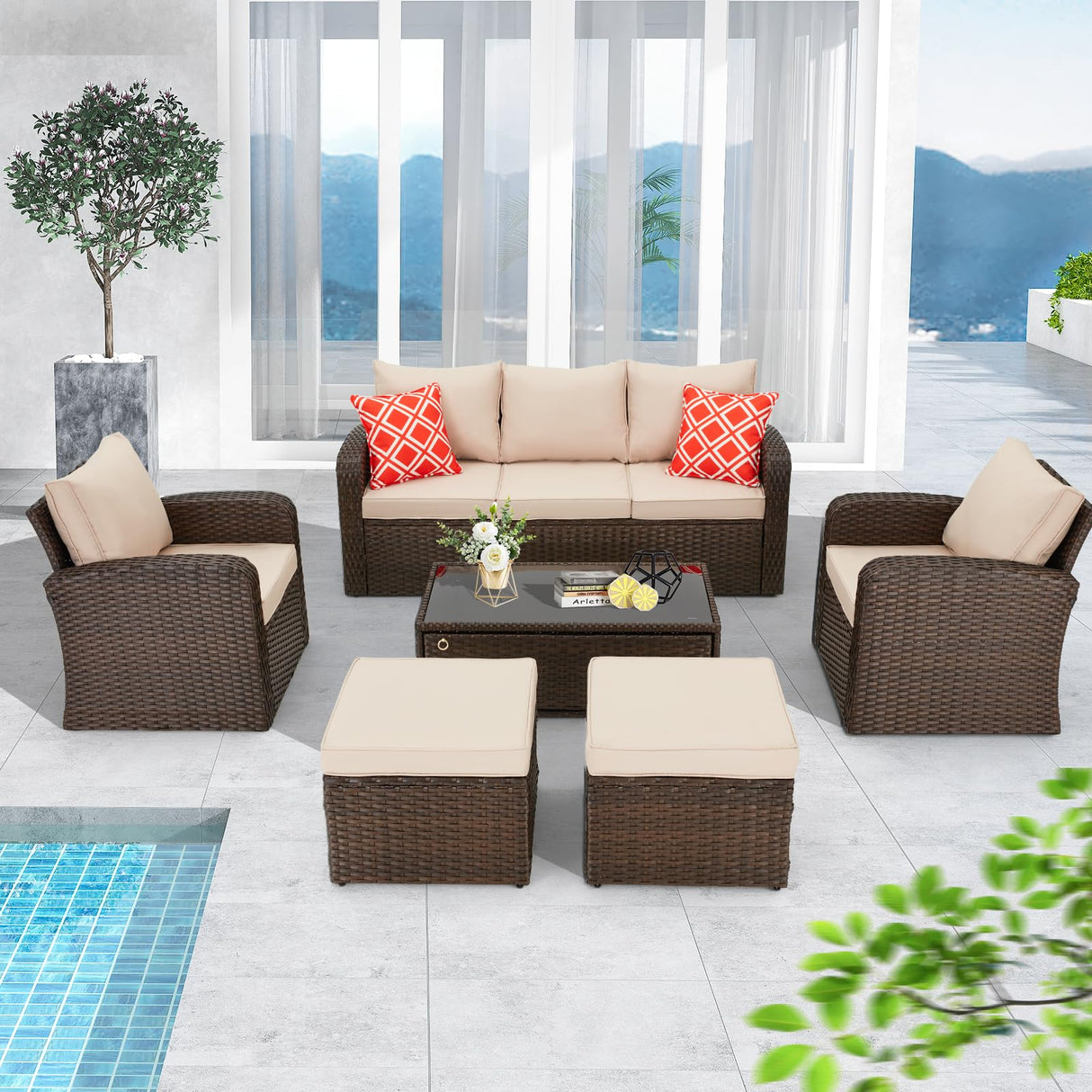 HOMREST 6 Pieces Patio Furniture Sets, All Weather Wicker Patio Conversation Sets with Storage Glass Coffee Table, Outdoor Sectional Sofa w/Ottomans, Cushions & Pillows for Garden, Lawn, Balcony HOMREST