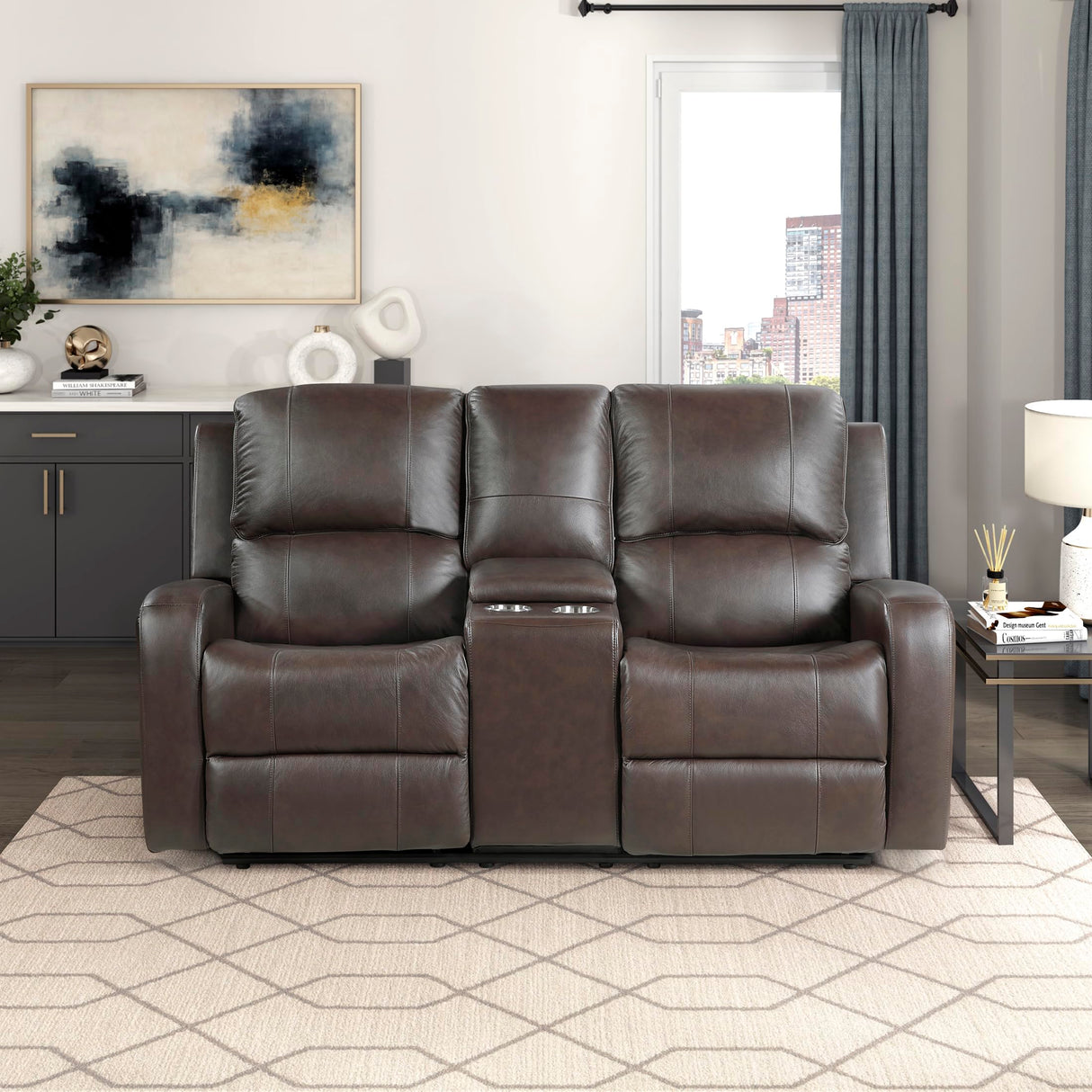 Lexicon Manual Double Reclining Loveseat with Center Console, Top Grain Leather Match Wall Hugger Recliner Loveseat, Storage, Cup Holders, High Density Foam Over Pocket Coils, for Living Room, Brown Lexicon