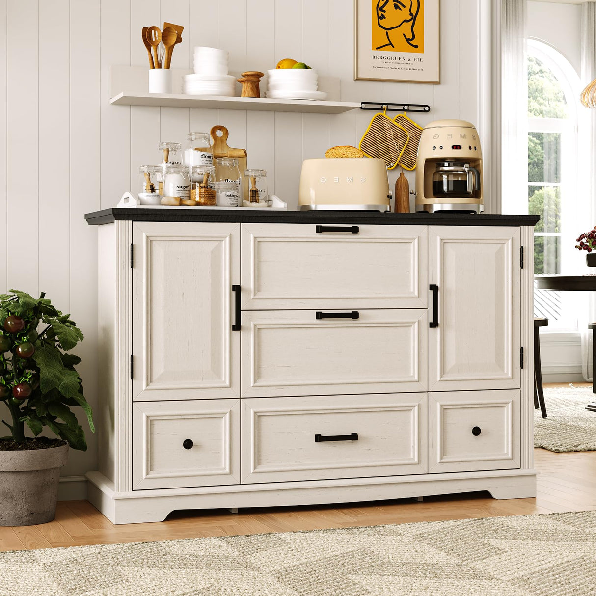 Maupvit Farmhouse 48" Buffet Cabinet with Storage,Coffee Bar Cabinet for Kitchen,Living Room,Wood Rustic Sideboard Cabinet w/5 Drawers&2 Grooved Doors,White Maupvit