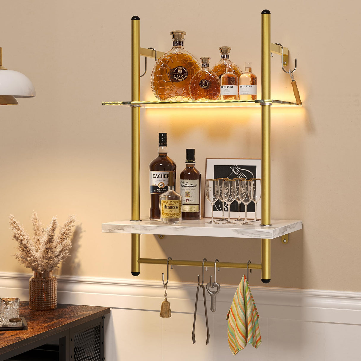 Bestier LED Floating Shelves for Wall, 15" Kitchen Shelves Wall Mounted 2 Tier Shelf with Tower Bar & 6 S-Hooks, Pipe Hanging Shelves Wall Decor for Bathroom Bedroom, White Marble Bestier