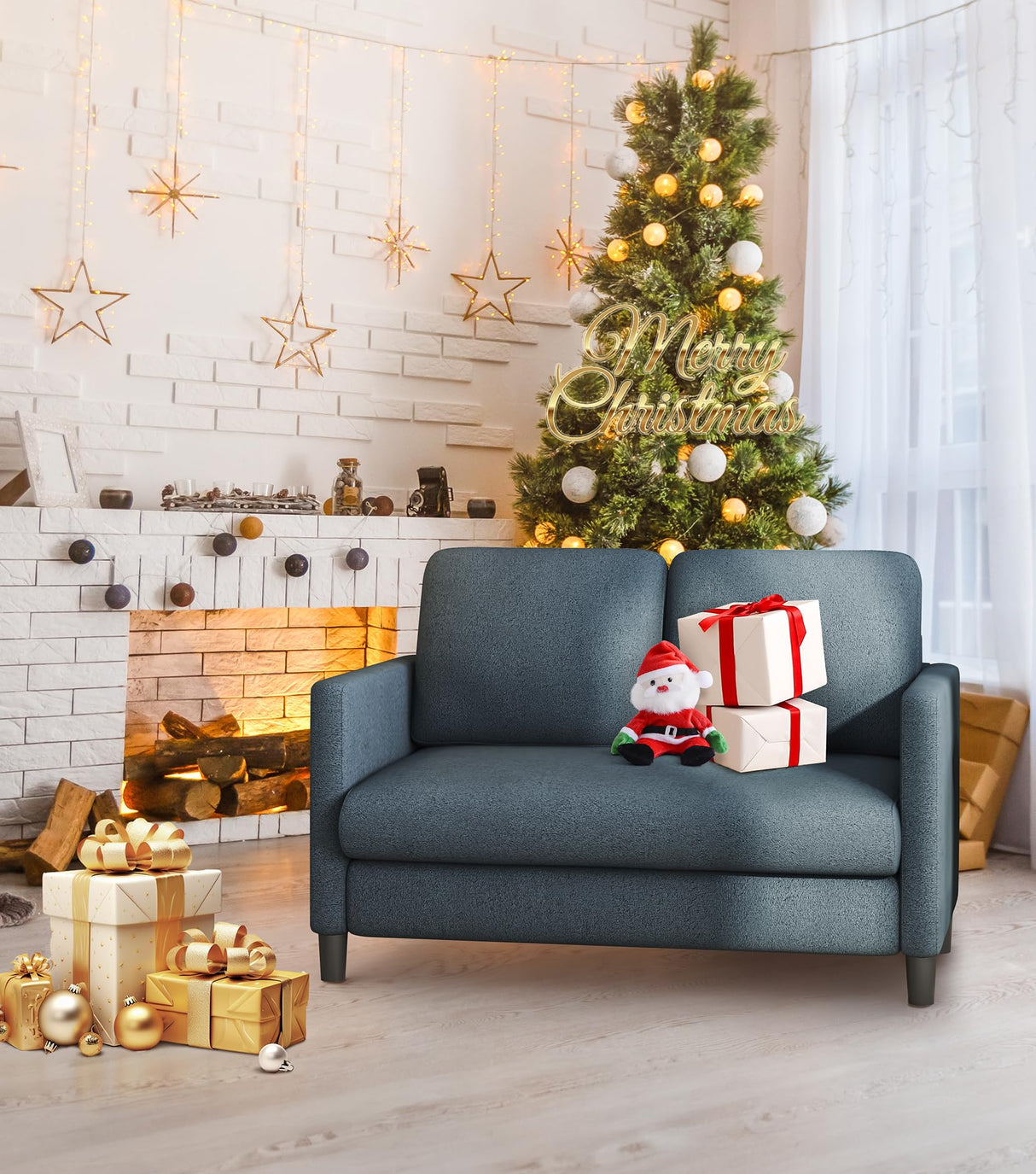 Welzona Loveseat Sofa, 51" Small Sofa Couch for Bedroom, Comfy Teddy Love Seat, Tool-free Setup Sofas for Living Room, All-wood Small Couches for Small Spaces, Small Couch No Pillow Include, Blue Grey Welzona