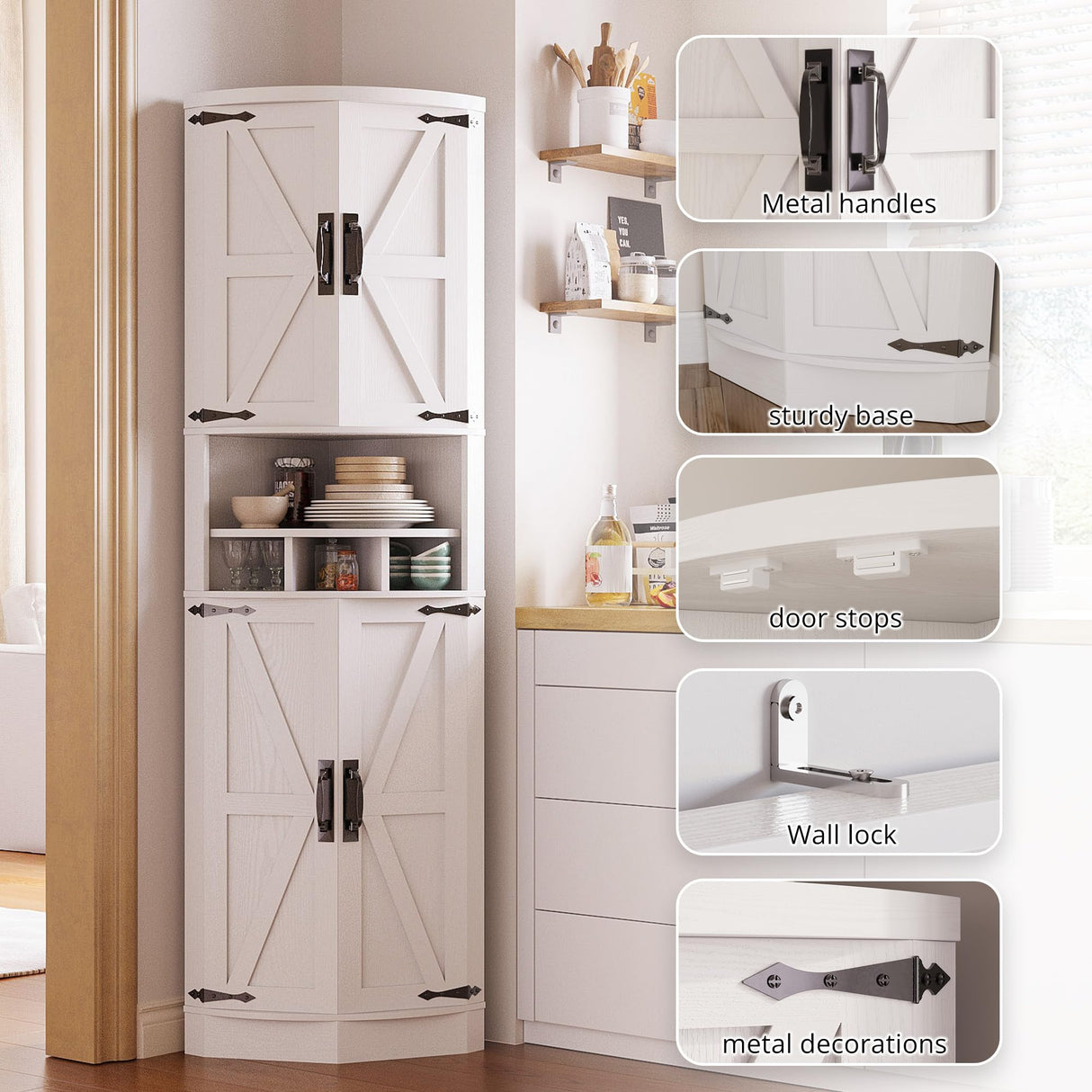 IRONCK Tall Corner Cabinet with 3 Wine Racks, Farmhouse Storage Cabinet with 4 Doors and Adjustable Shelves, Barn Door Design, Corner Bar Cabinet for Living Room, Kitchen, Laundry Room White IRONCK