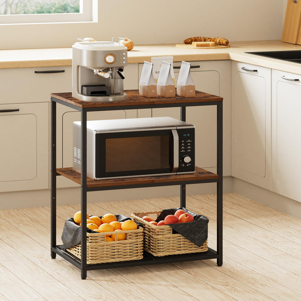 Homleke Kitchen Island with 3 Shelves, Kitchen Shelf with Large Workstation, Bakers Rack, Workbench, Metal Frame, Rustic Brown and Black Homleke