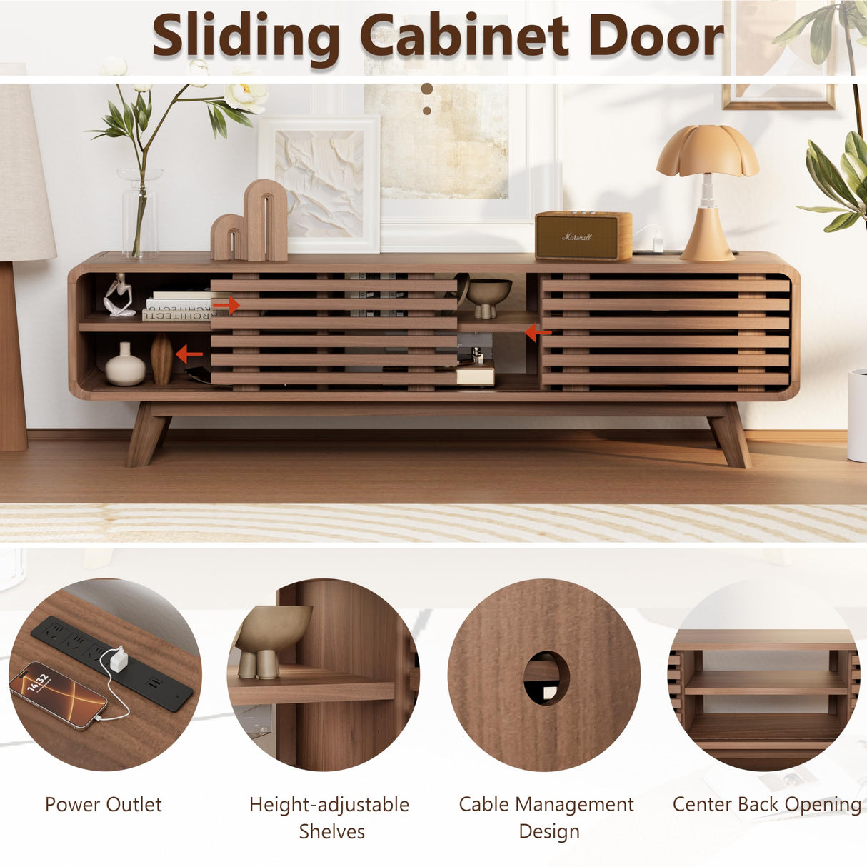 Royal Windsor Modern TV Stand for Living Room, Media Console Cabinet with Socket, Large Entertainment Center with Storage, TV Table with Slatted Sliding Doors and Open Shelves, Reddish Brown Royal Windsor