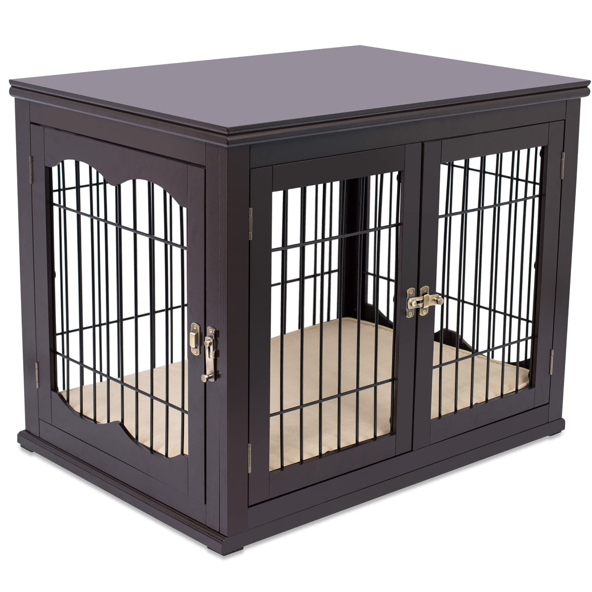 INTERNET'S BEST Decorative Dog Kennel with Pet Bed, Small Pet House, Double Door Indoor Crate, Engineered Wood & Wire Furniture, Side Table & Nightstand, Fits Small Dogs - Espresso Internet's Best