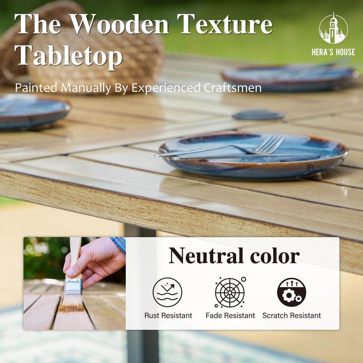 HERA'S HOUSE Outdoor Dining Table for 6, 6-Person Wood-like Metal Steel Slat Rectangle Table with Adjustable Umbrella Hole for Patio Lawn Garden Backyard HERA'S HOUSE