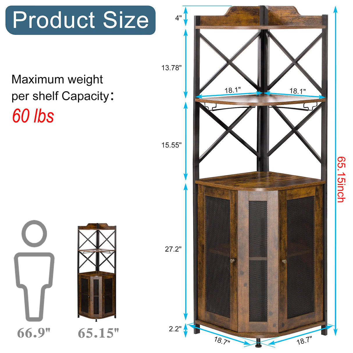JKsmart Corner Bar Cabinet with LED Lights, 5-Tier Industrial Wine Bar Cabinet with Glass Holder, Farmhouse Liquor Cabinet with Adjustable Shelf, Home Bar for Coffee Bar Cabinet, Rustic Brown JKsmart