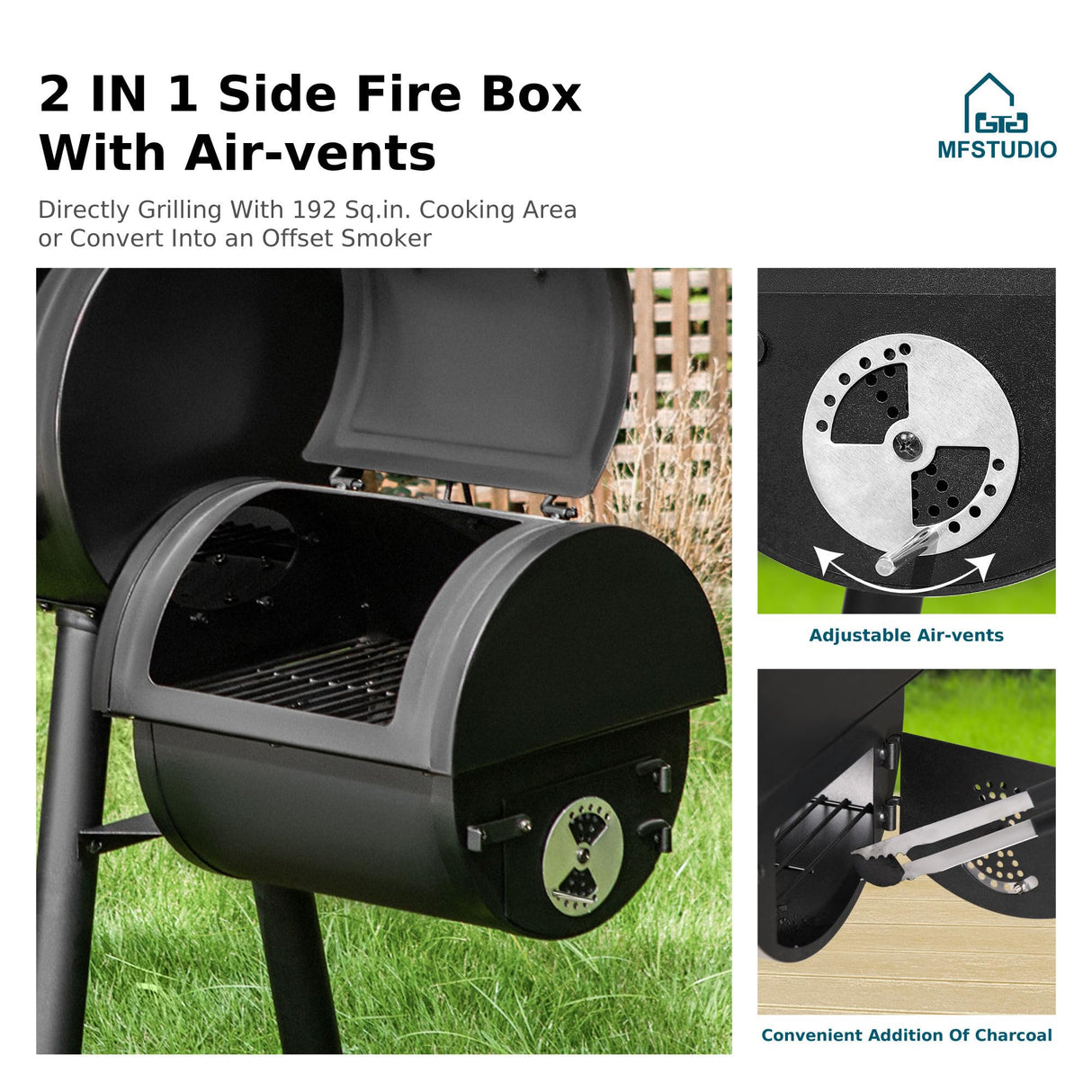 MFSTUDIO Heavy Duty Charcoal Wood Offset Outdoor Smoker Grill, Charcoal Grill with Smoker Combo for BBQ Grilling, 512 SQ.IN. MFSTUDIO