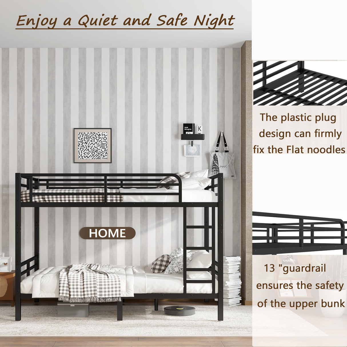 Bellemave Full XL Over Full XL Bunk Bed for Teens and Adults, Metal Bunk Bed Frame with Ladder and Guardrail No Box Spring Required Noise-Free Steel Slats Convertible bunk Bed for Adults Black Bellemave