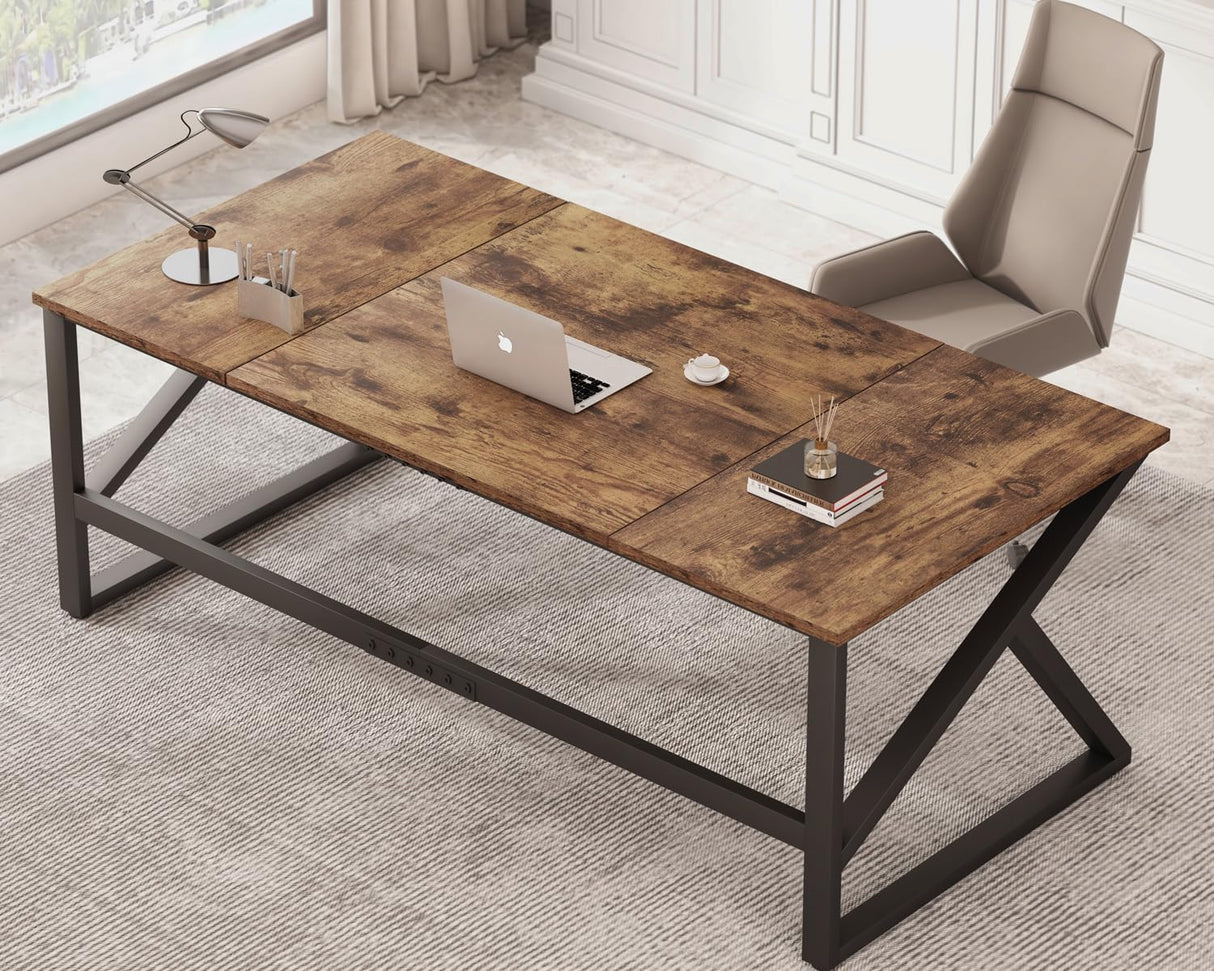 IBF 70 Inch Rustic Brown Desk, Industrial Large Metal Wood Double Computer Desk, Long Home Office Desks Table for 2 People Executive Work Writing Study Gaming, Farmhouse Big Two Person Desk in Bedroom IBF