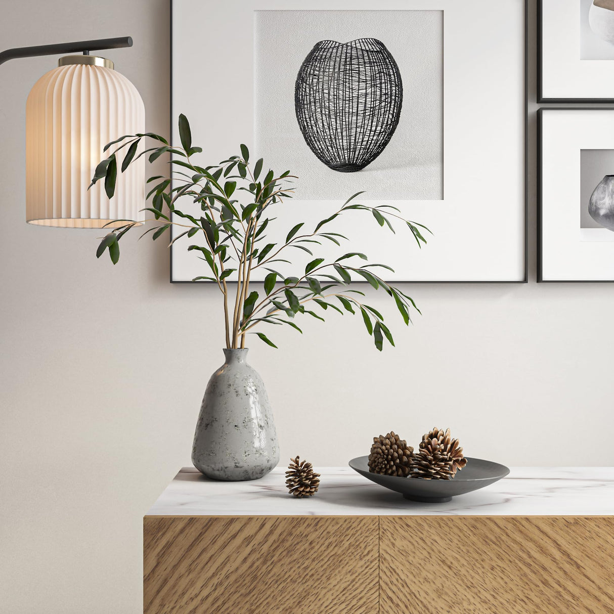 roomfitters Mid Century Modern TV Stand for TVs up to 65", Herringbone Sideboard Buffet Cabinet Credenza, Marble Top Media Console, Boho Entertainment Center for Living Room, Entryway (Oak Wood) roomfitters