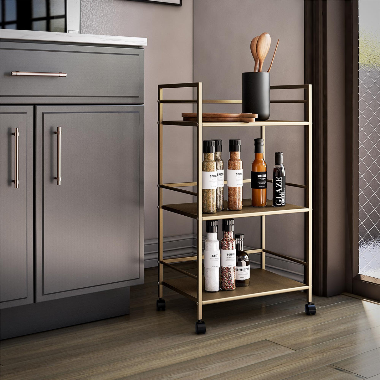 Novogratz Helix Small Bar Cart for the Home, 3 Tier Rolling Cart With Wheels, Kitchen Cart with Storage for Beverages and Wine, Gold Novogratz