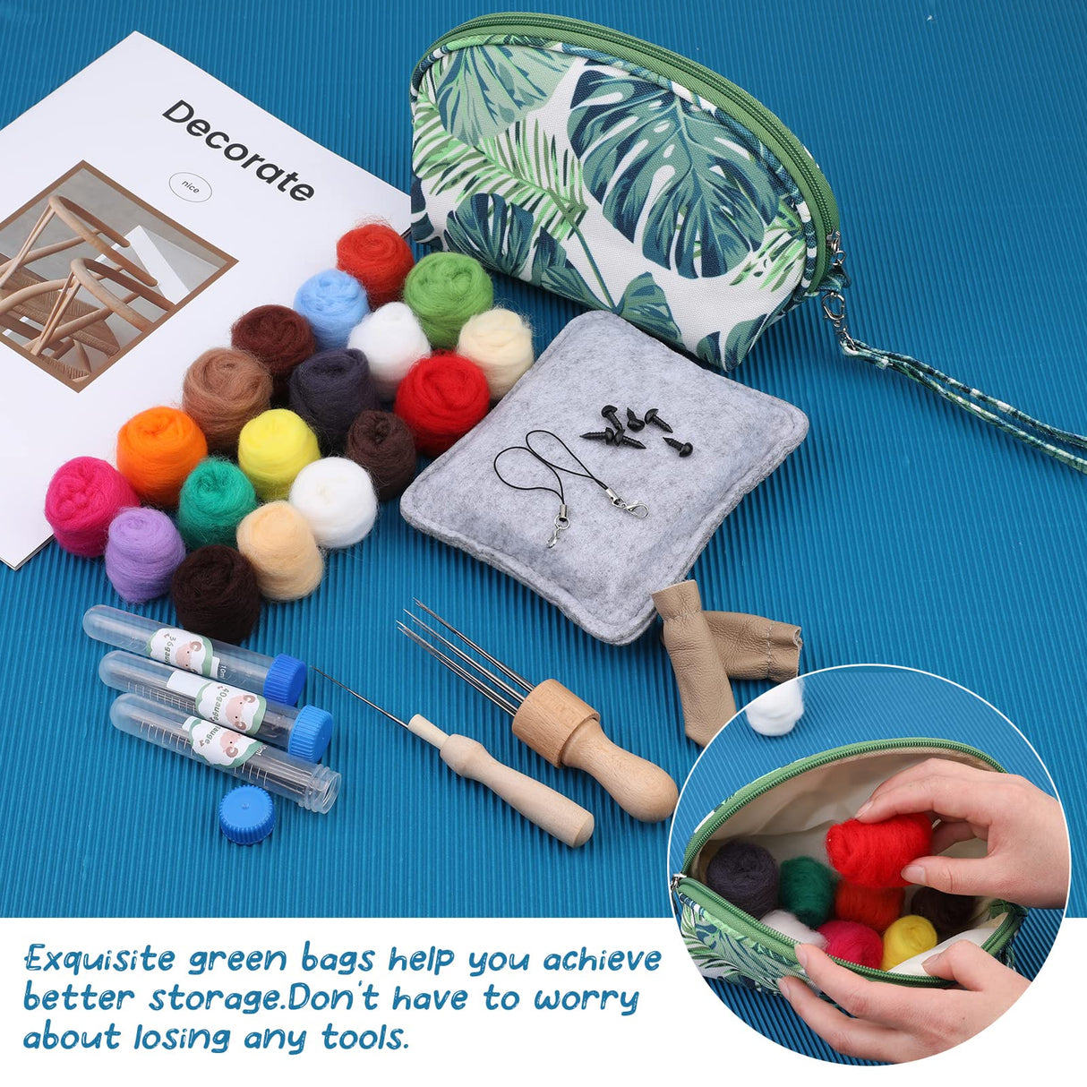 Needle Felting Kit, Needle Felting Starter Kit with Exquisite Green Storage Bag, Wool Roving 18 Colors Set, Needle Wool Felting Tools Kit, Wool Felt Tools for Felted Animal Needle Felting Supplies IMZAY