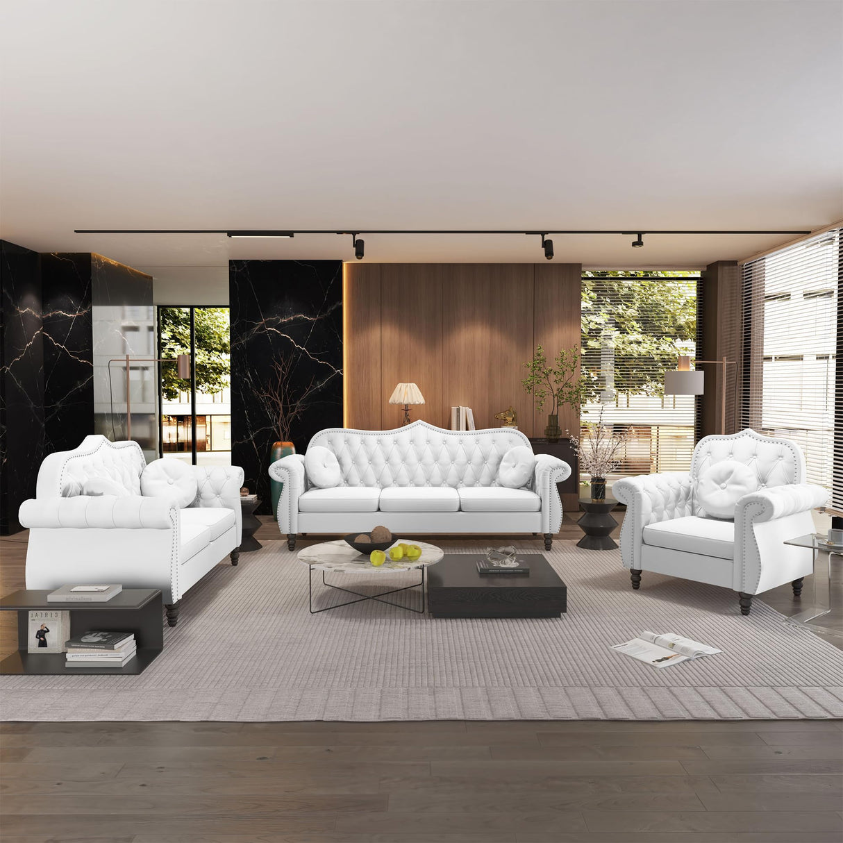 AVZEAR 3-Piece Living Room Sectional Sofa Set, Mid-Century Modern Chesterfield Upholstered Velvet Sofa Couch, Classic Tufted Button White Couch with Nailhead Trim for Living Room, Office (White) AVZEAR