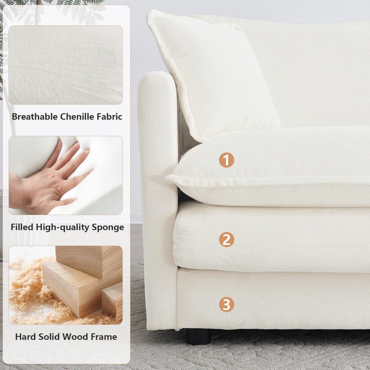 mikibama Modular Sectional Sofa, 111.5" L Shaped Couch Set for Living Room, 3-Seater Comfy Cloud Couches with Movable Ottoman, DIY Combination, Chenille, Beige mikibama