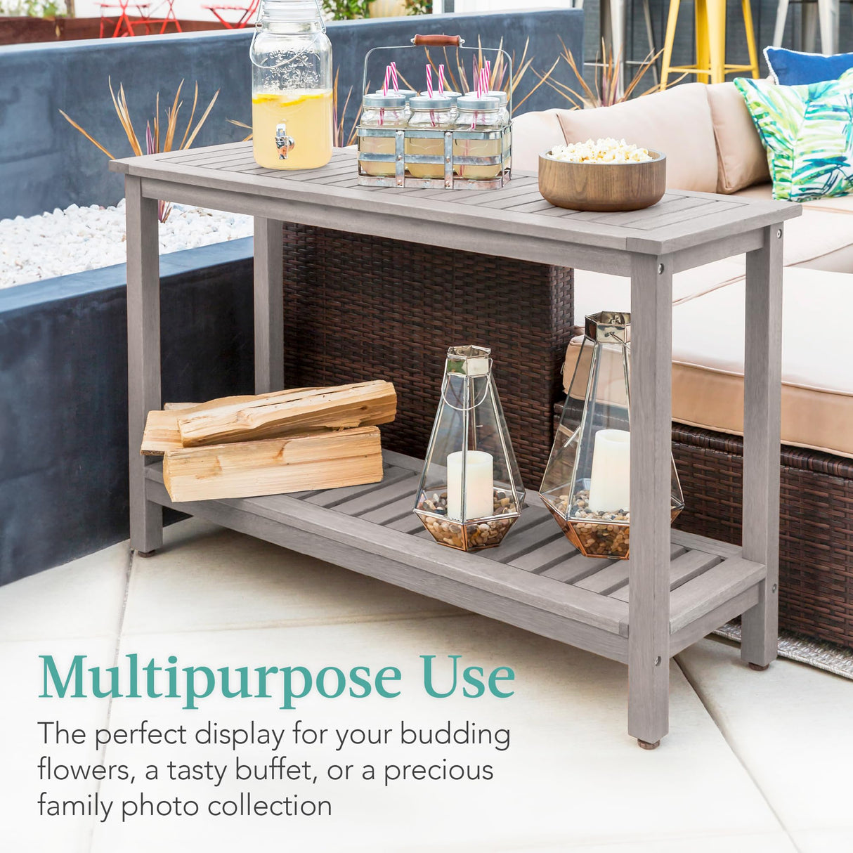 Best Choice Products 48in 2-Shelf Eucalyptus Wooden Console Table Indoor Outdoor Multifunctional Buffet Bar Storage Organizer w/Foot Sliders - Gray Best Choice Products