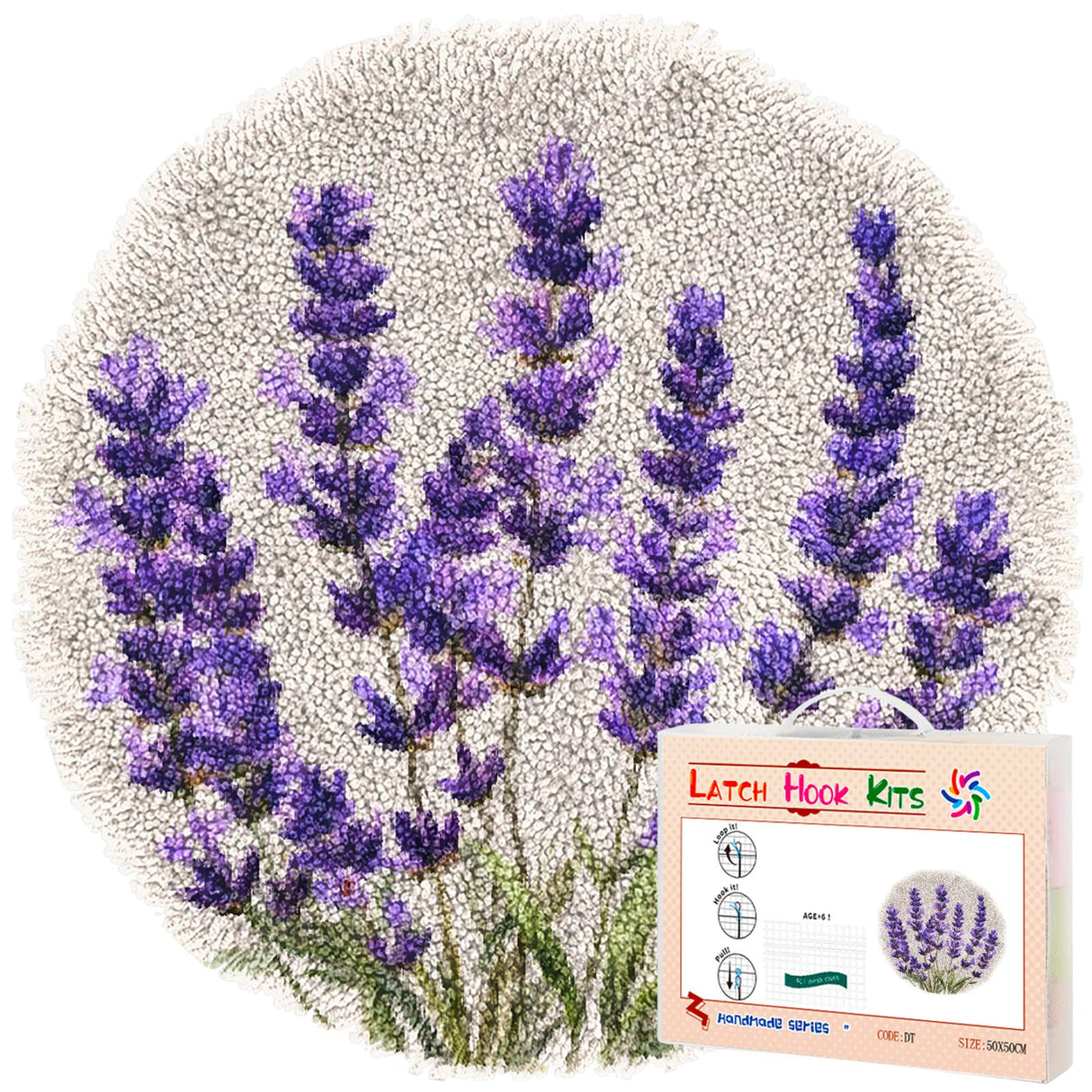 Latch Hook Rug Kit Lavender Flower Stamped Handmade Round Shape Carpet Crochet Yarn Craft DIY Hook and Latch Door Mat Tapestry for Christmas Home Floor Decor 50x50cm(1) Generic