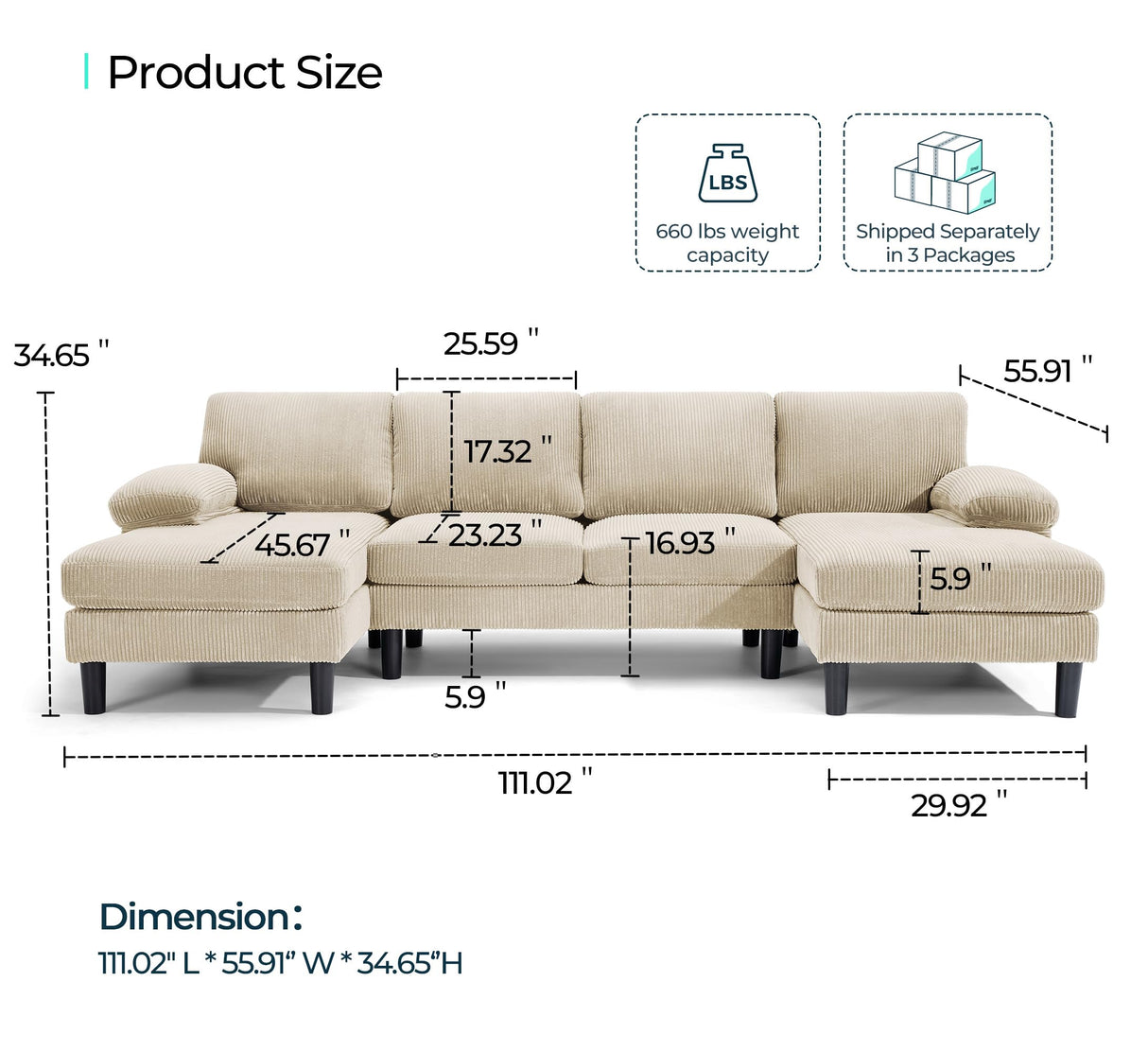 LINSY HOME Sectional Couch, 111'' W Corduroy U Shaped Sofa with Sleepable Armrests, 4 Seat Couch with Double Chaises, Deep Seat Sofa for Living Room, Beige LINSY HOME