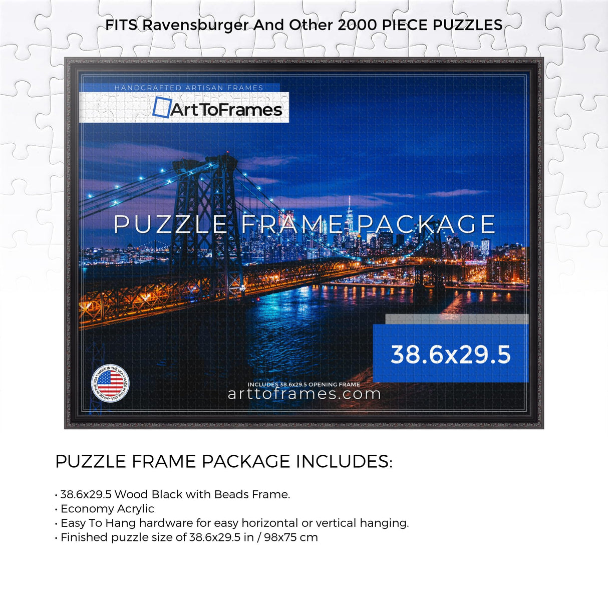 ArtToFrames 38.6x29.5 INCH/98x75 CM Black Frame for 2000 piece Puzzles.This 1.25 Inch Custom Wood Puzzle Frame is Black - Comes with Economy Acrylic (PuzzleD10188-38.6x29.5) ArtToFrames